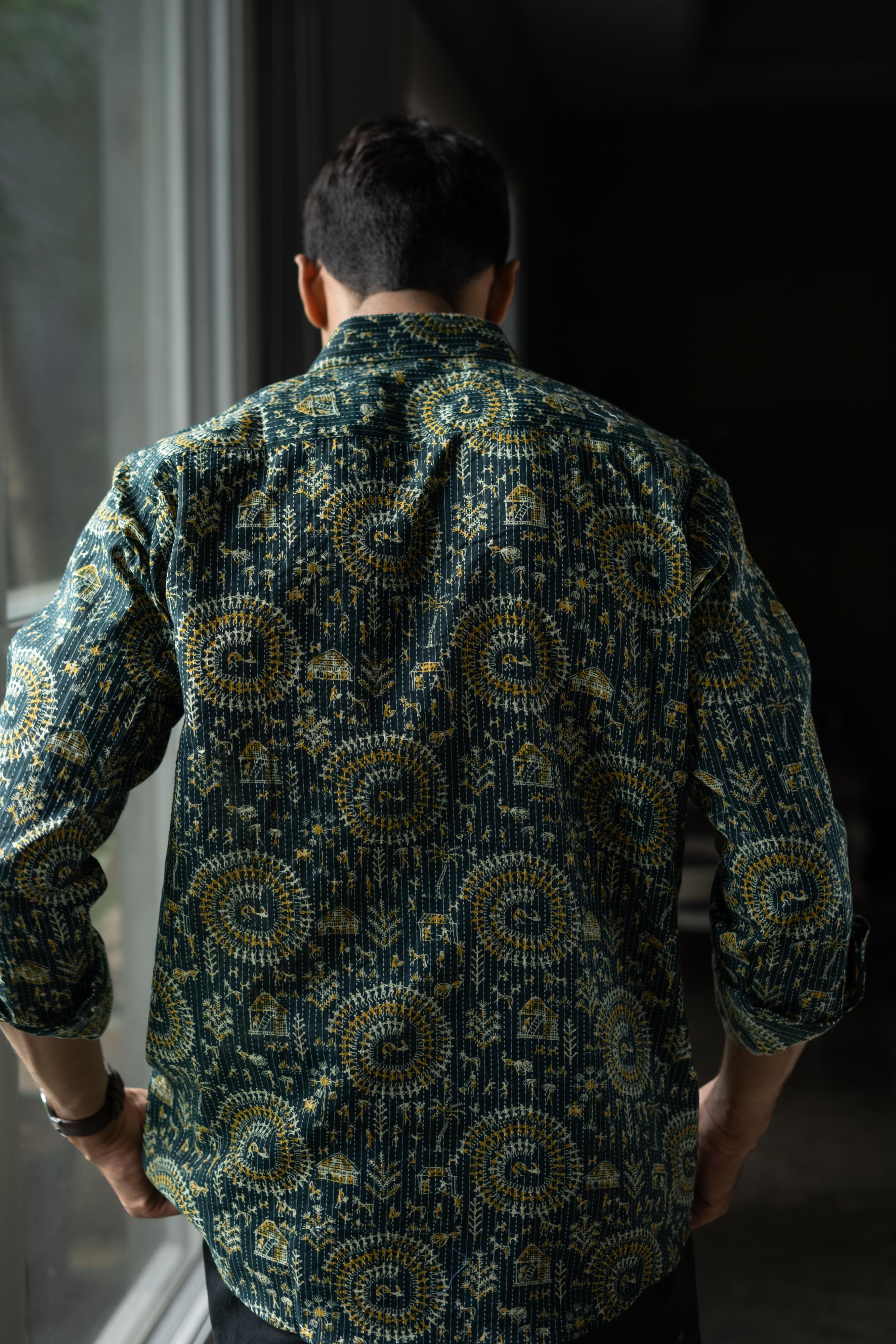 Green Kantha Work Shirt For Men