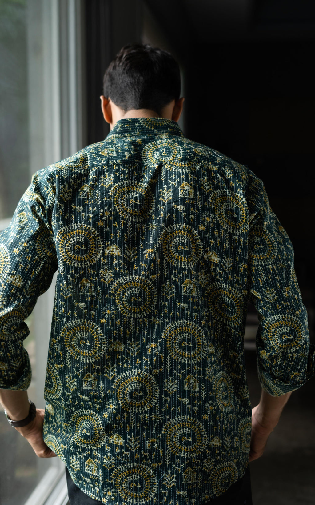 Green Full Sleeves Kantha Work Shirt For Men 