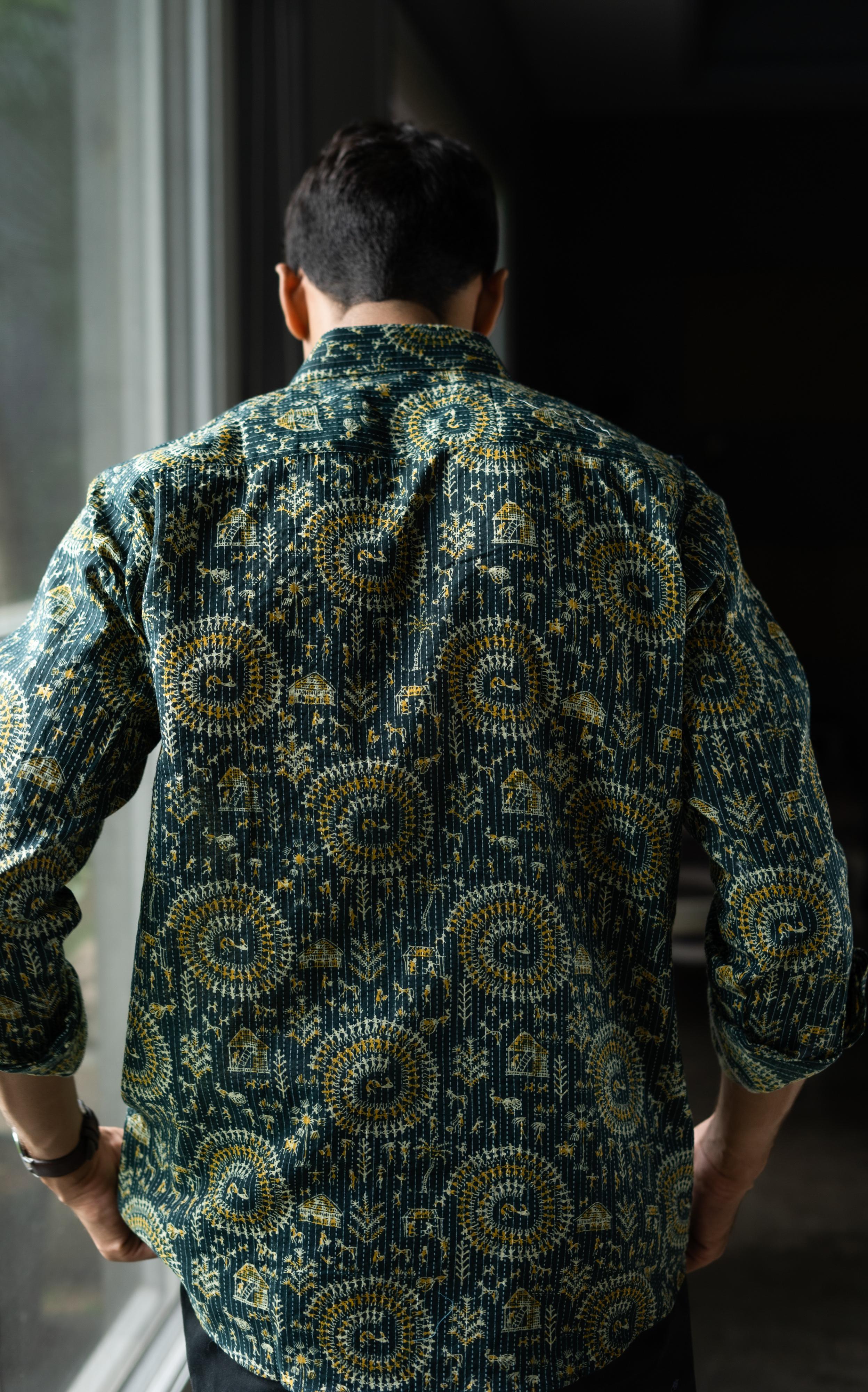 Green Full Sleeves Kantha Work Shirt For Men 