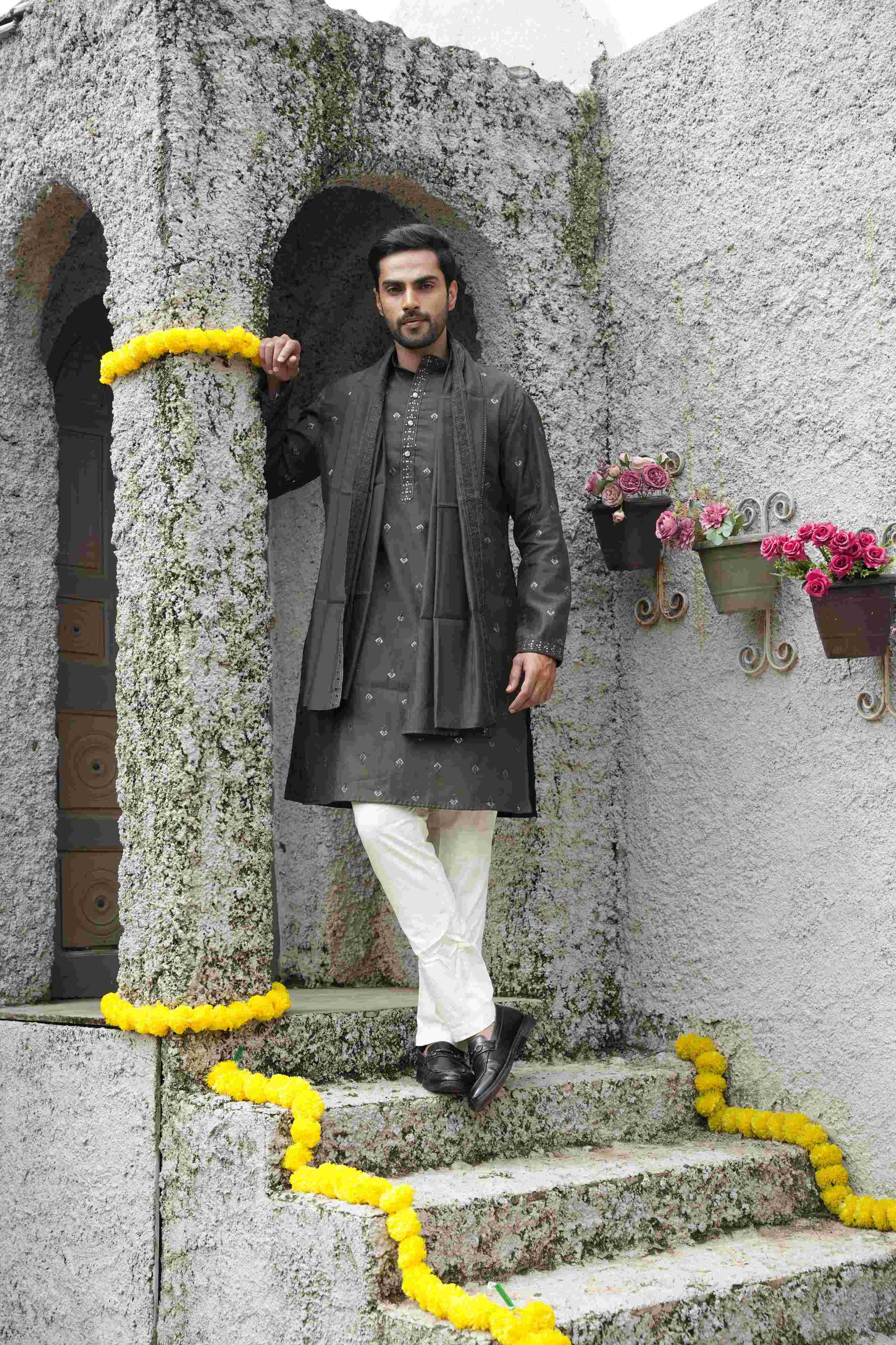 The Chocolate Brown Sequins Embroidered Long Kurta With Dupatta