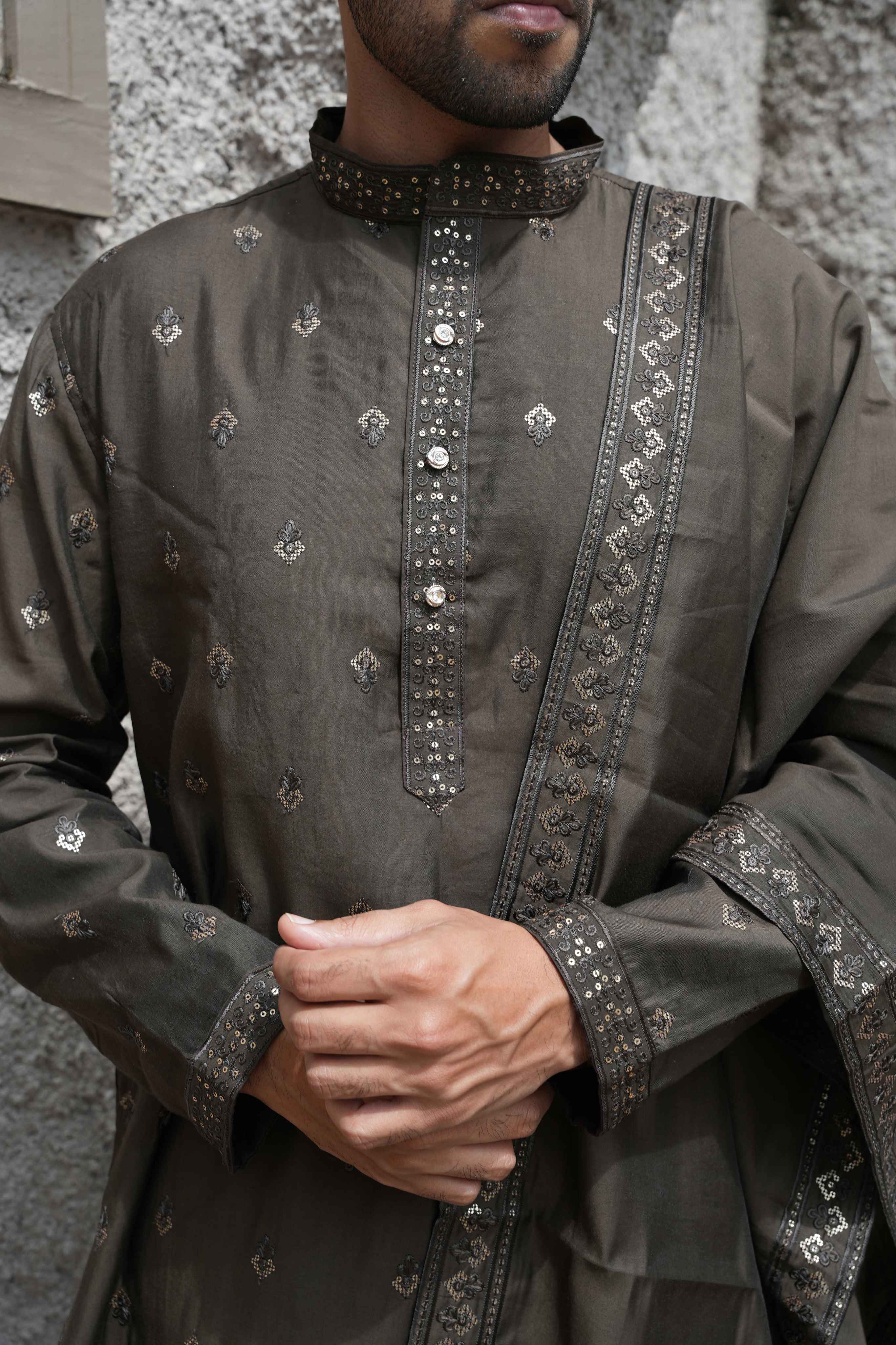 The Chocolate Brown Sequins Embroidered Long Kurta With Dupatta