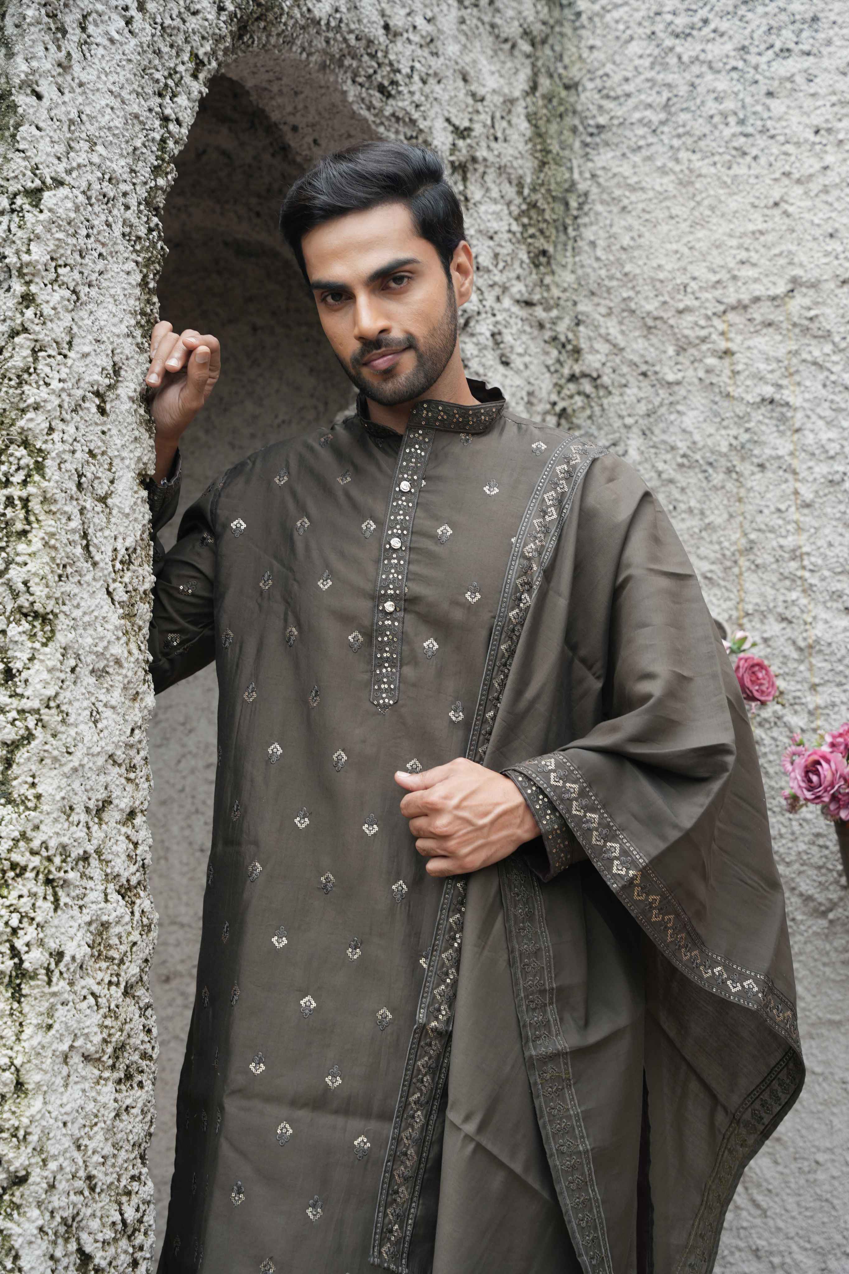 The Chocolate Brown Sequins Embroidered Long Kurta With Dupatta