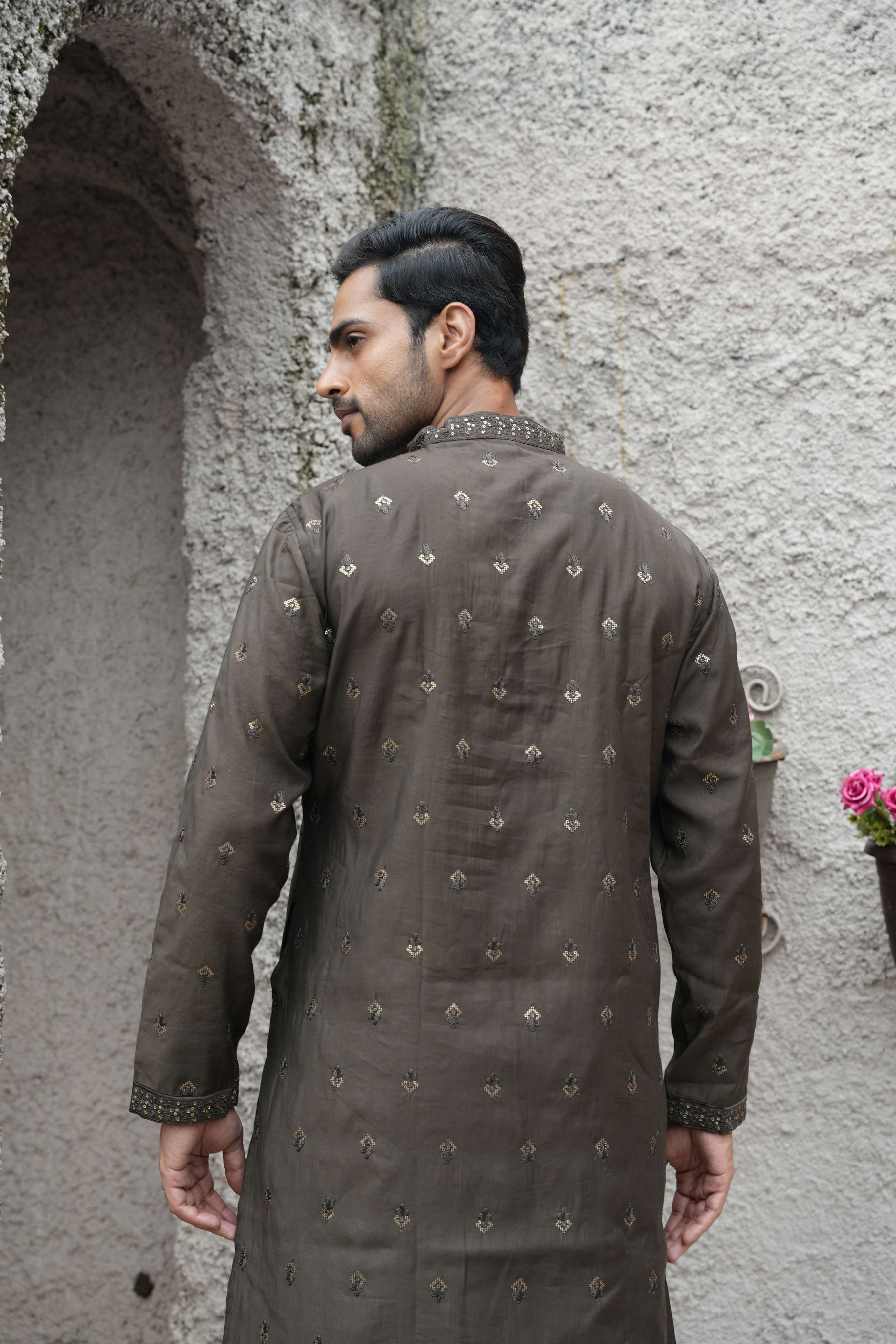 The Chocolate Brown Sequins Embroidered Long Kurta With Dupatta