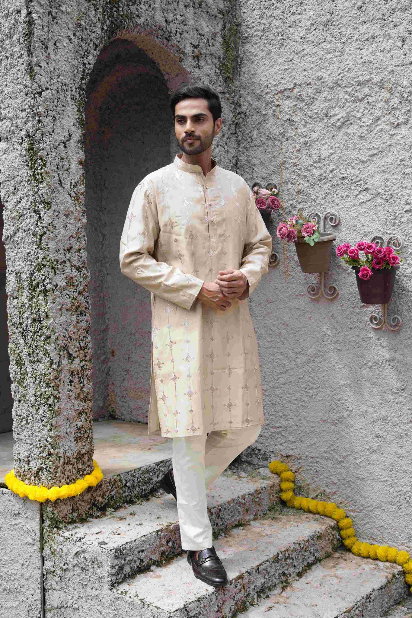 The Beige Diamond Embroidered Long Kurta