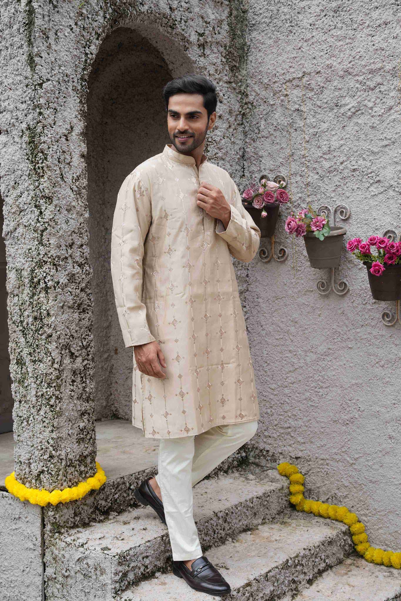 The Beige Diamond Embroidered Long Kurta