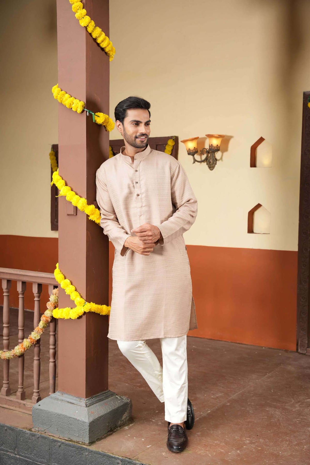 The Beige Textured Long Kurta