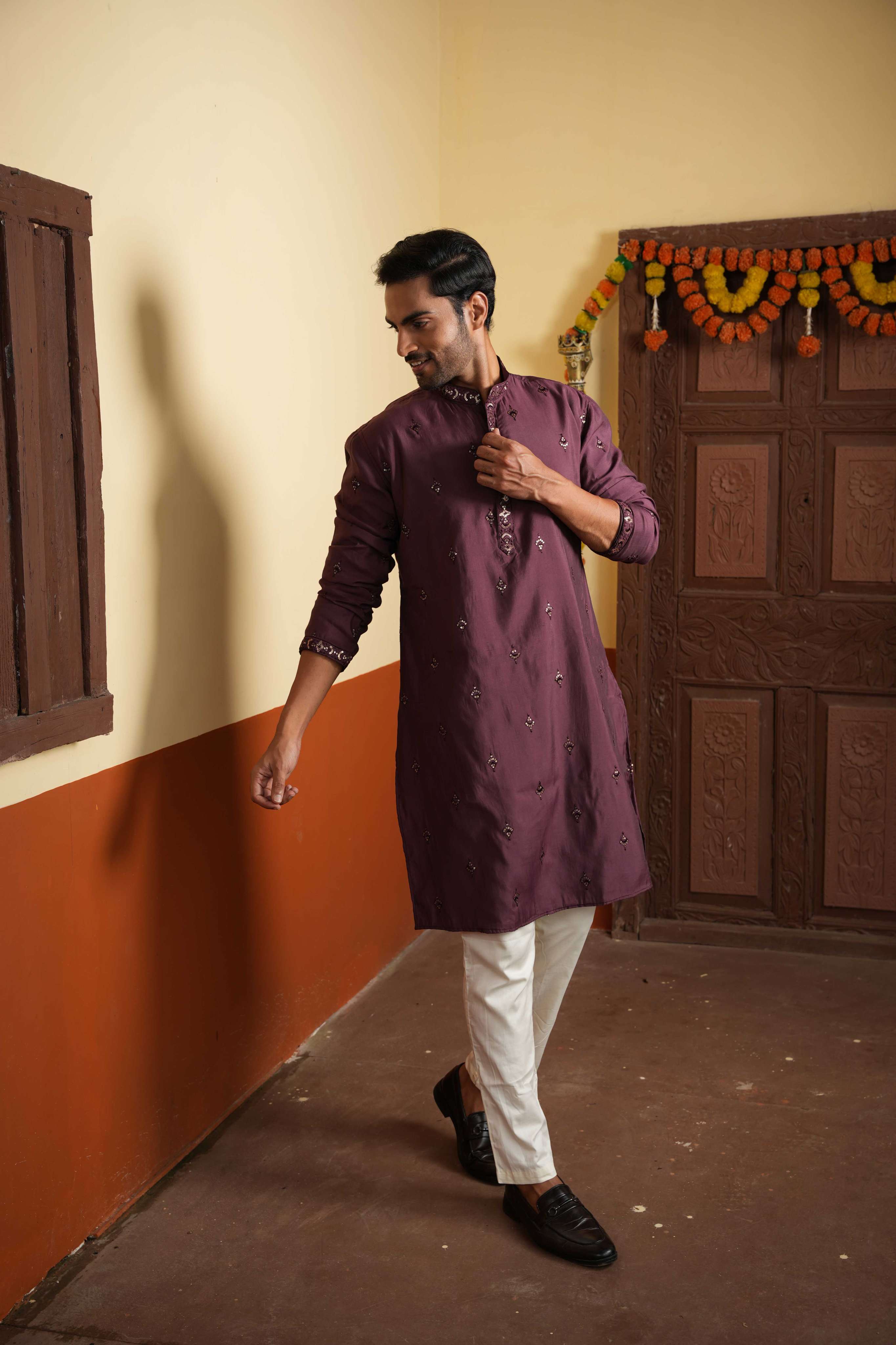 The Deep Wine Sequins Work Long Kurta