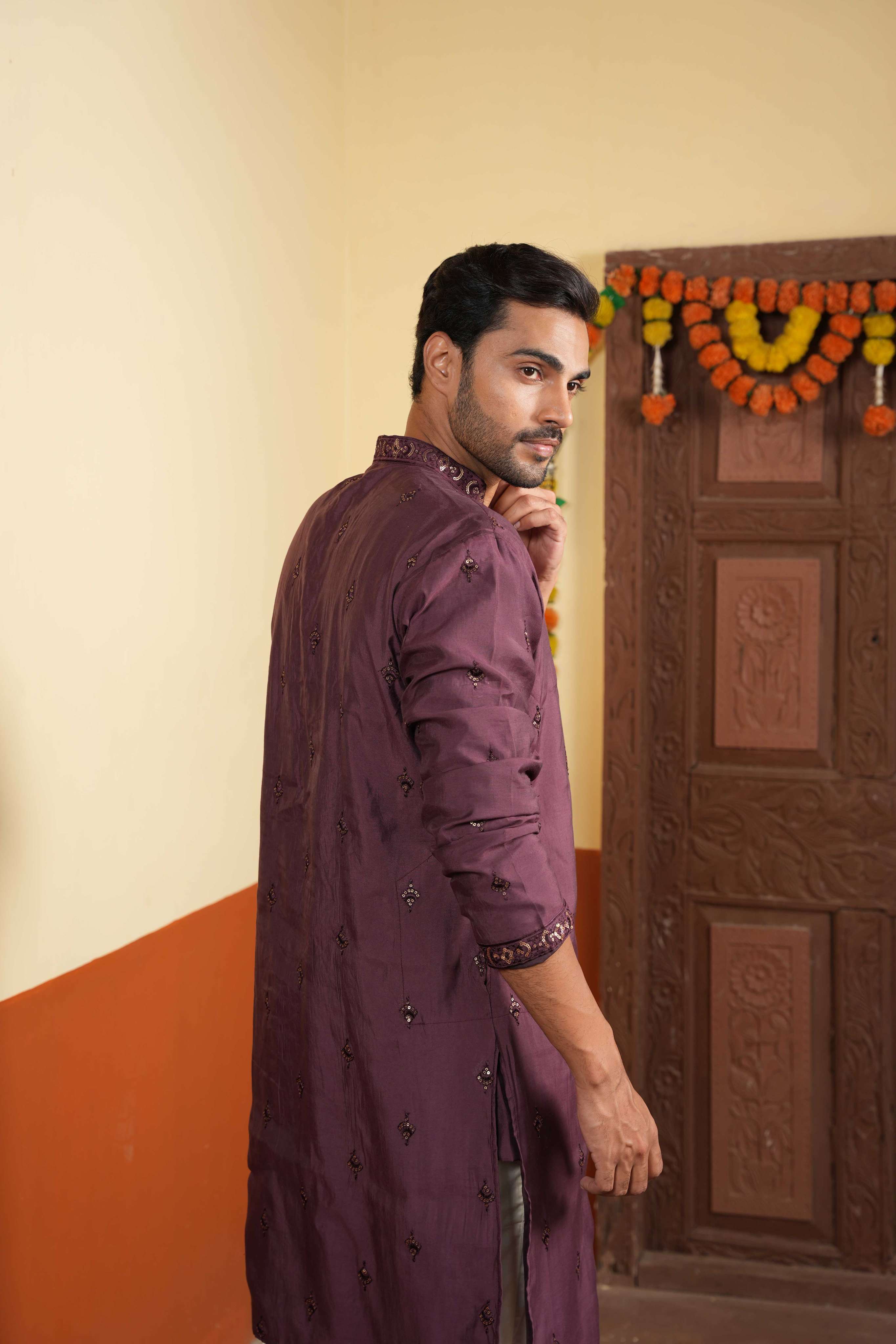 The Deep Wine Sequins Work Long Kurta