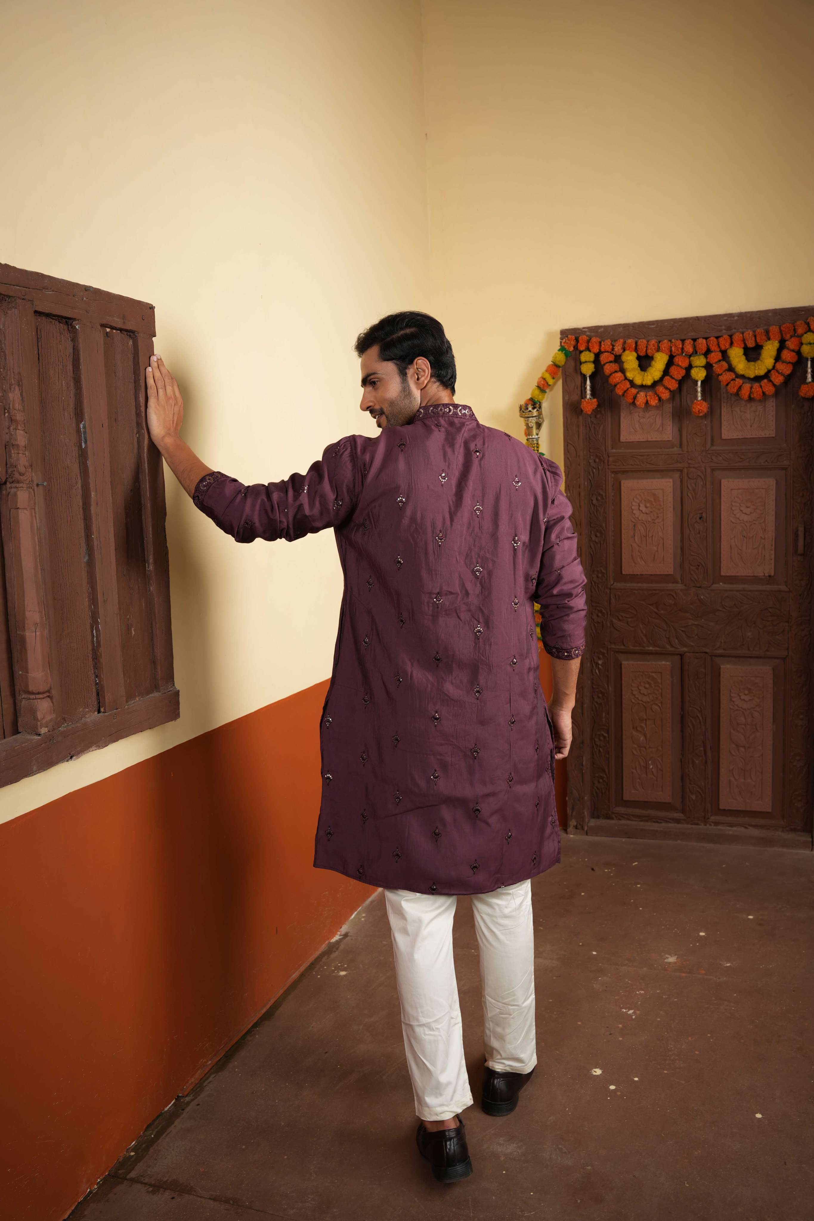 The Deep Wine Sequins Work Long Kurta