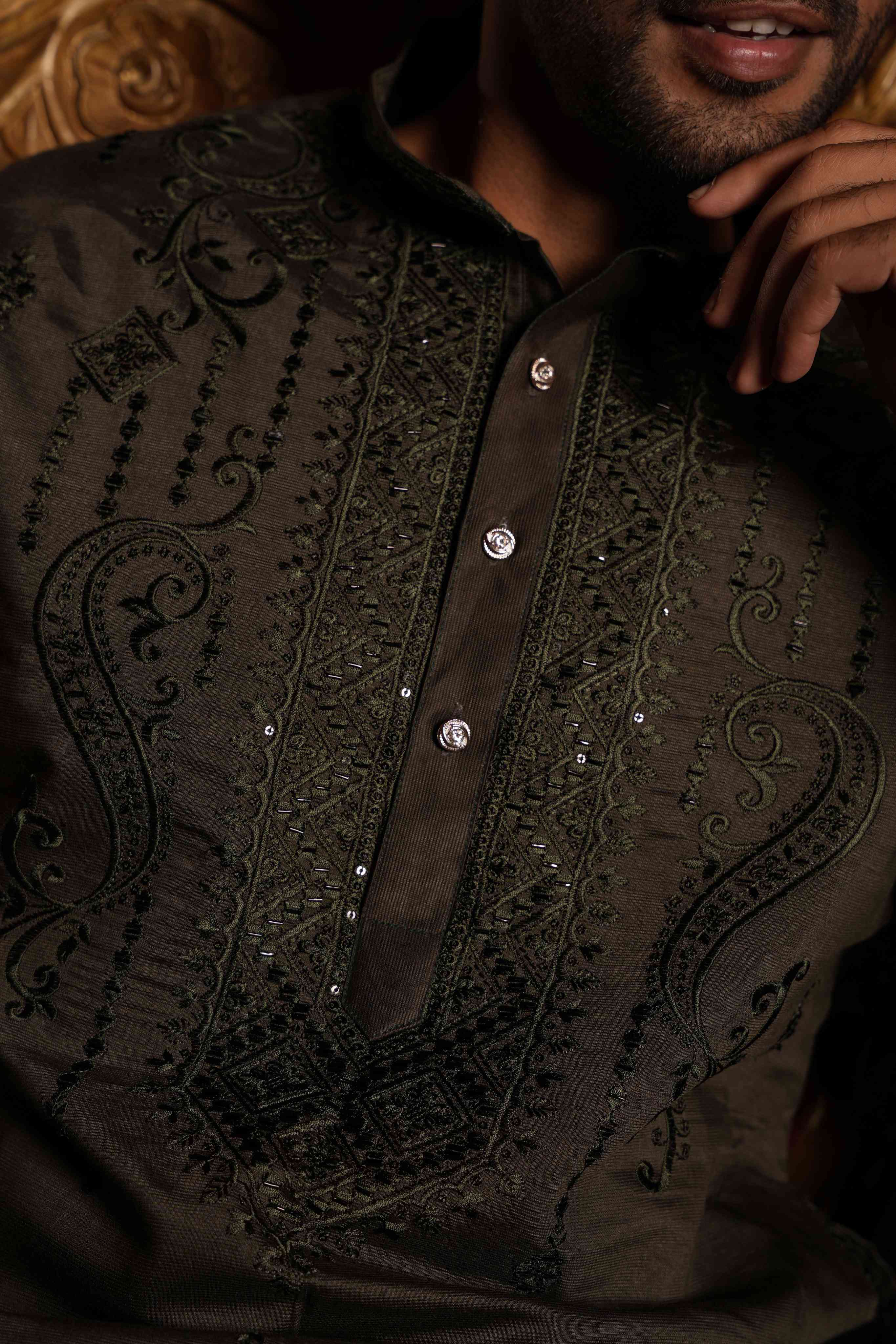 The Greyish Green Embroidered Neck Long Kurta