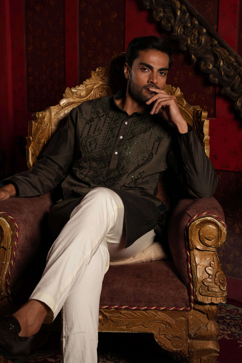 The Greyish Green Embroidered Neck Long Kurta