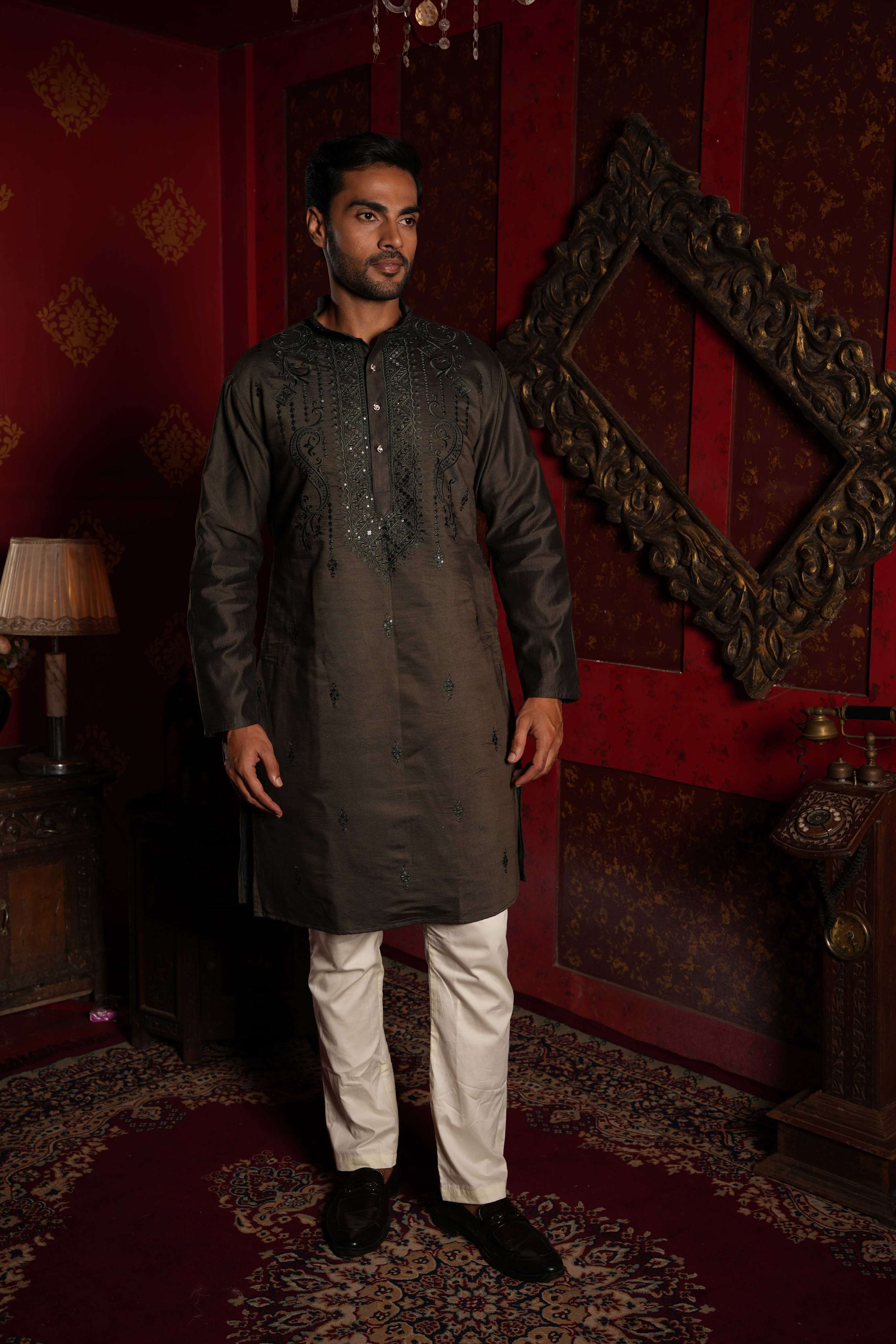 The Greyish Green Embroidered Neck Long Kurta
