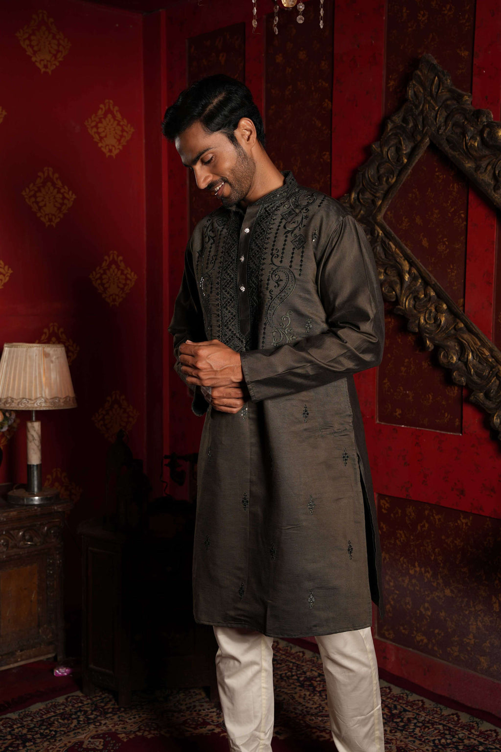 The Greyish Green Embroidered Neck Long Kurta