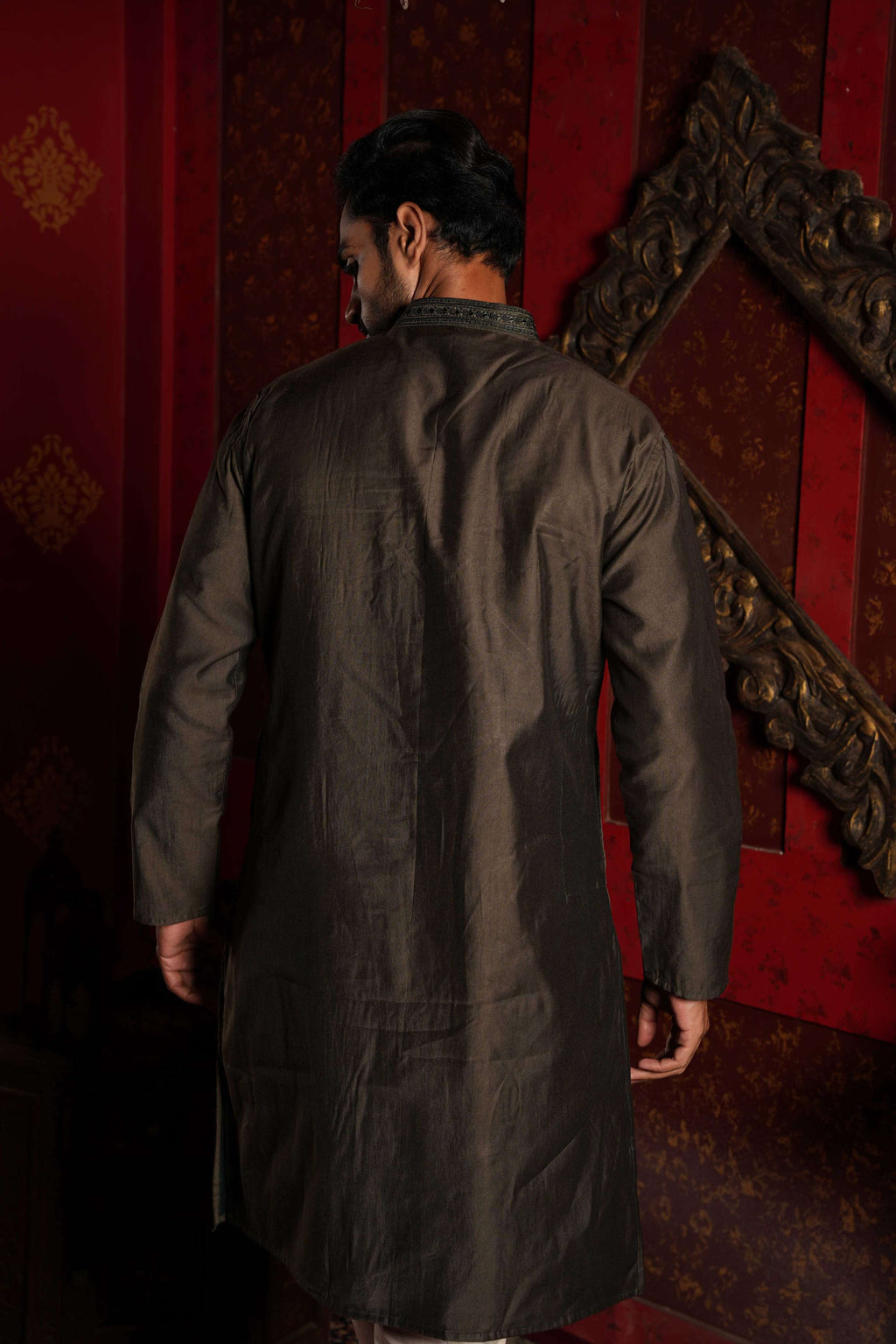 The Greyish Green Embroidered Neck Long Kurta