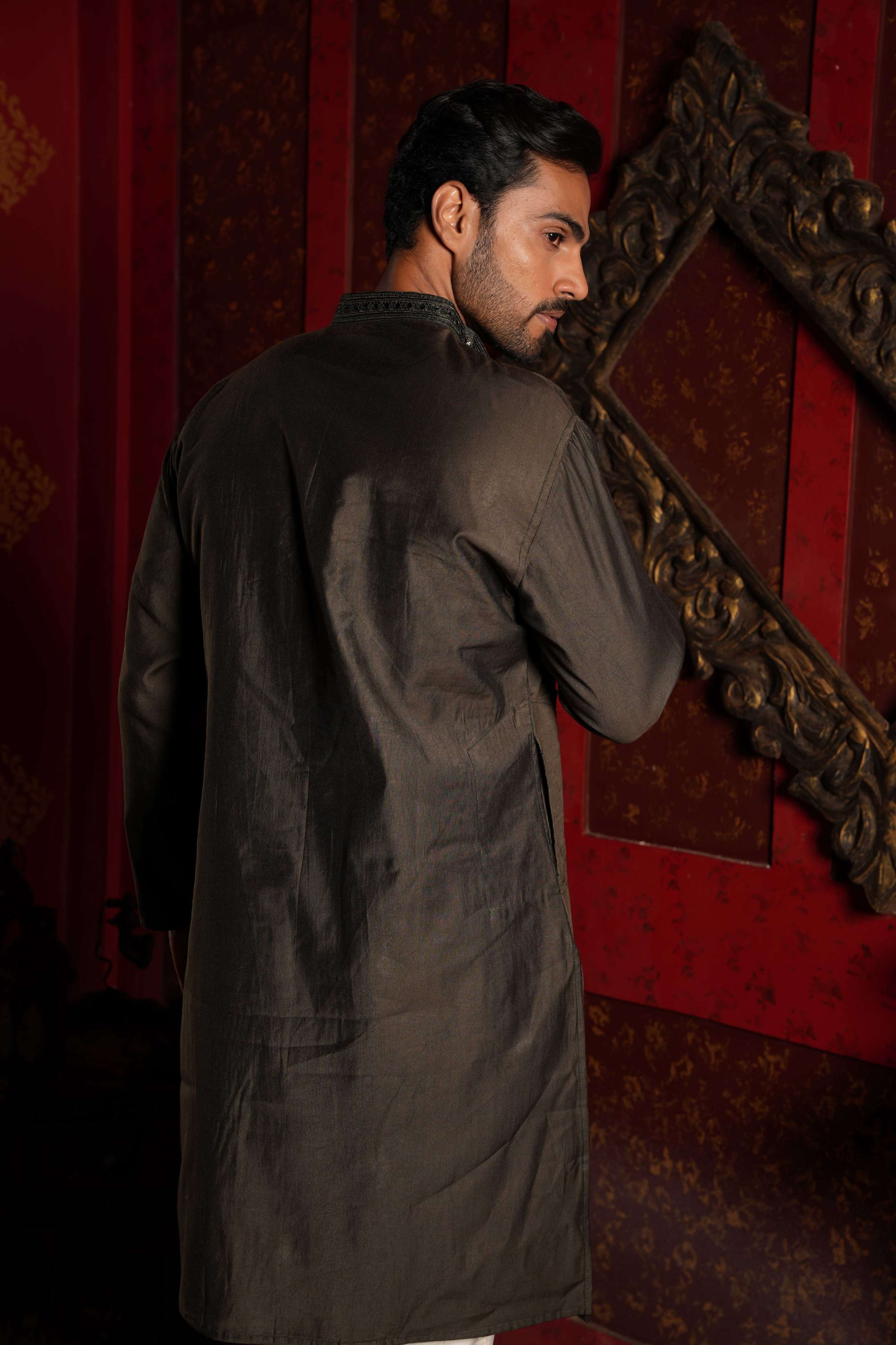 The Greyish Green Embroidered Neck Long Kurta