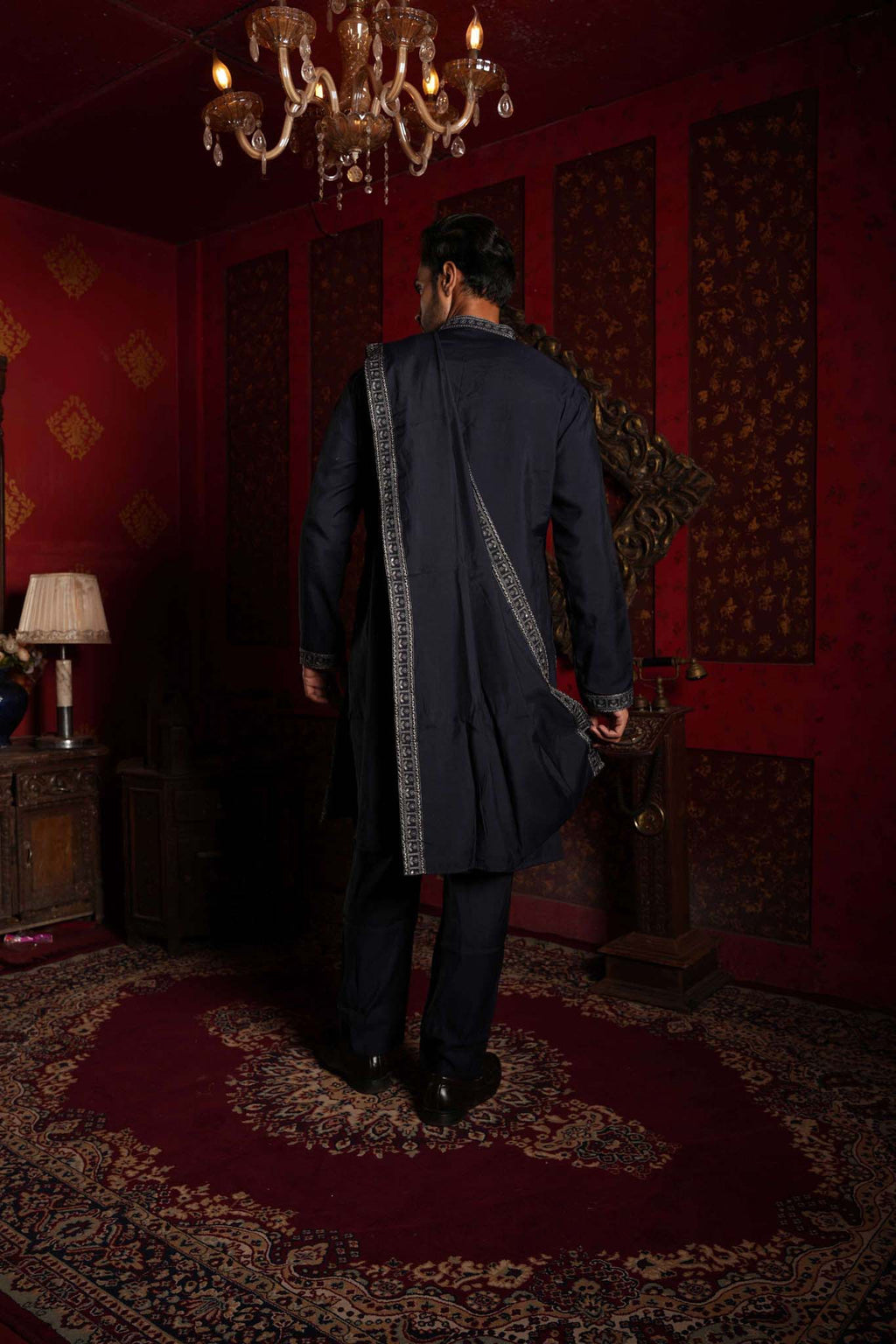 Navy Blue Vine Embroidery Kurta With Dupatta and Pyjama