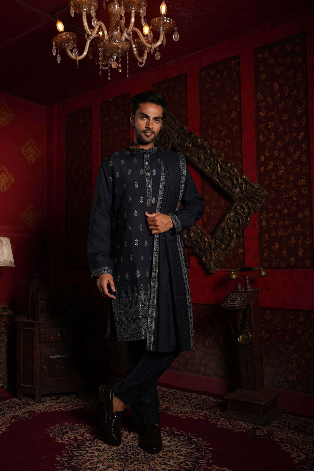 Navy Blue Vine Embroidery Kurta With Dupatta and Pyjama