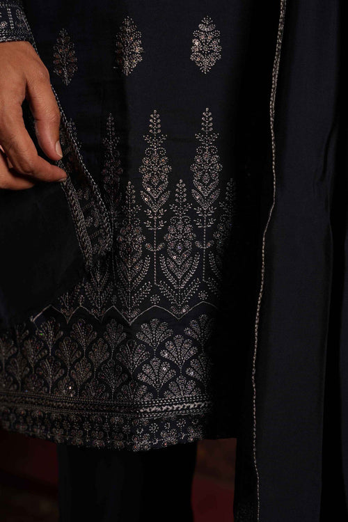 Navy Blue Vine Embroidery Kurta With Dupatta and Pyjama