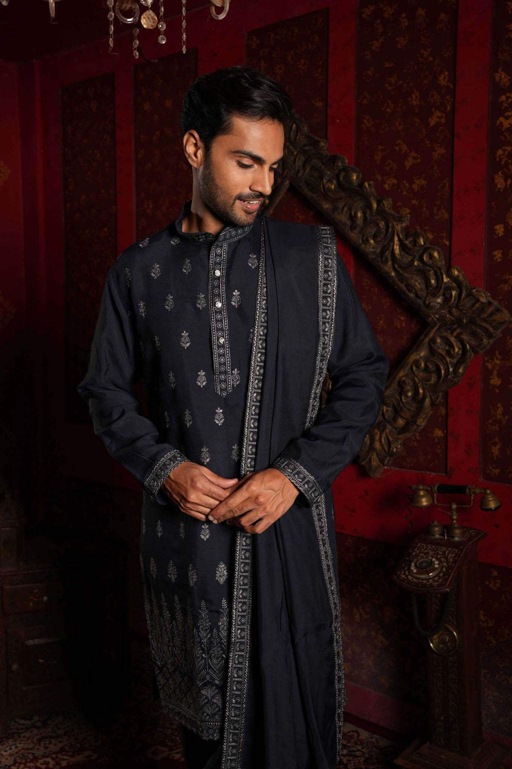 Navy Blue Vine Embroidery Kurta With Dupatta and Pyjama