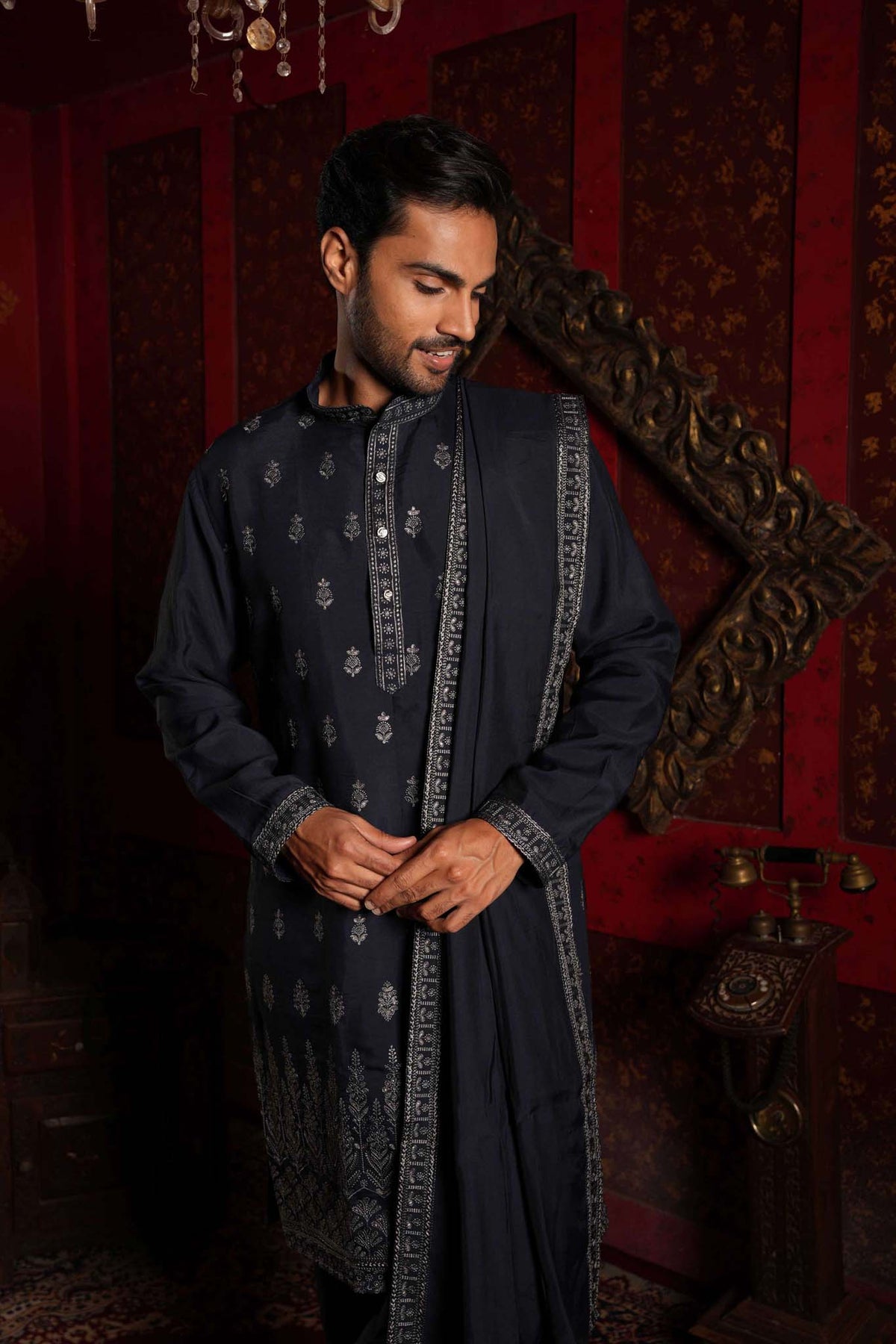 Navy Blue Vine Embroidery Kurta With Dupatta and Pyjama