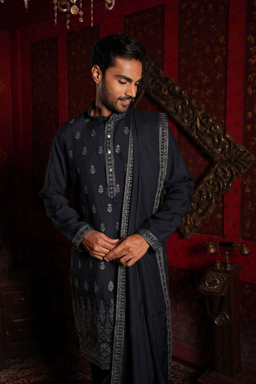 Navy Blue Vine Embroidery Kurta With Dupatta and Pyjama