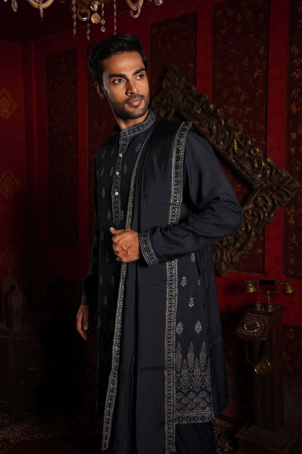 Navy Blue Vine Embroidery Kurta With Dupatta and Pyjama