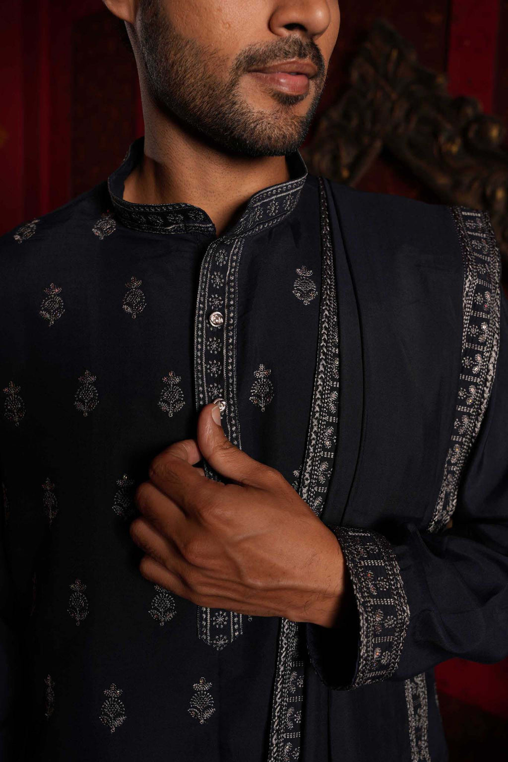 Navy Blue Vine Embroidery Kurta With Dupatta and Pyjama