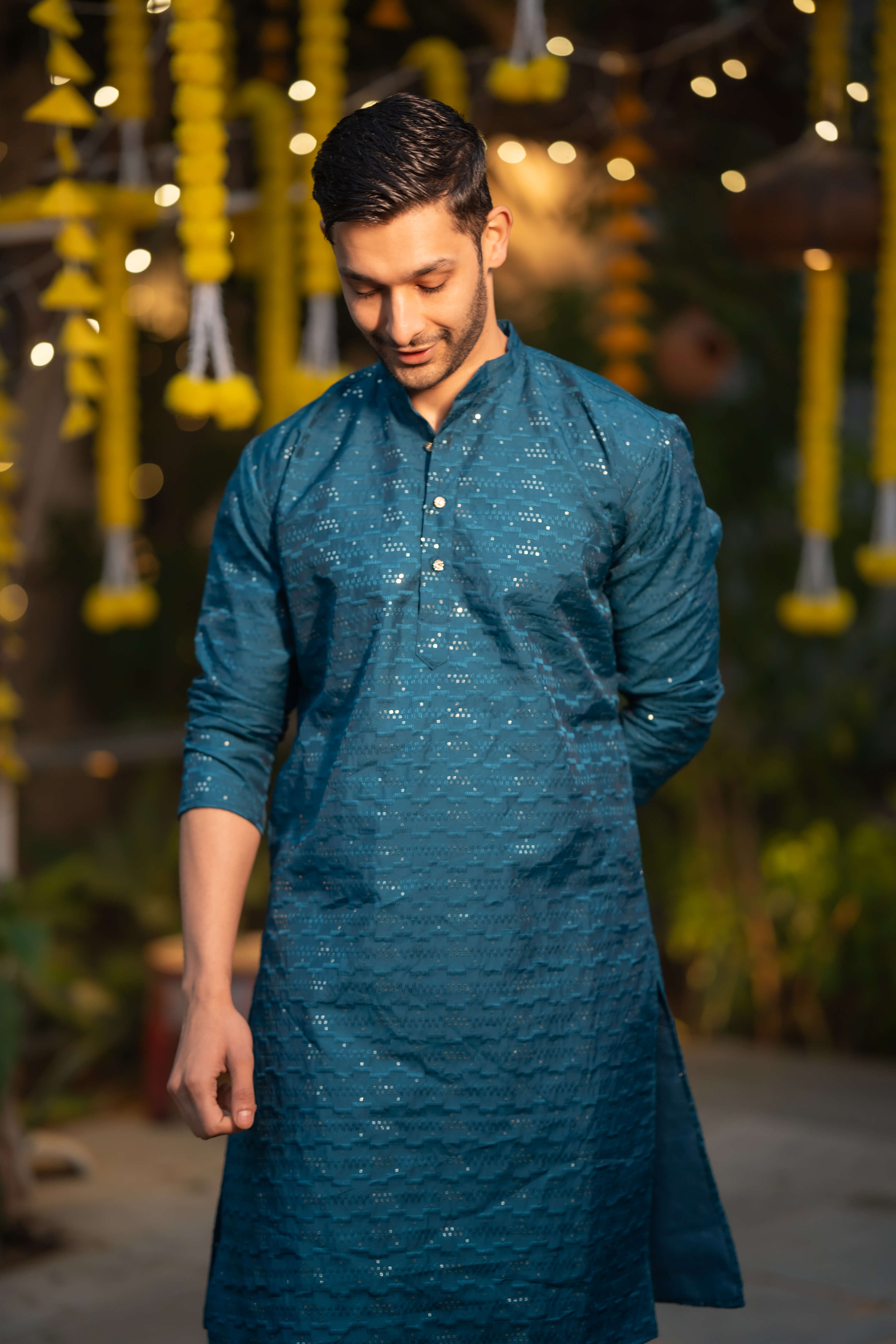 The French Blue Long Kurta With Thread and Sequins Work
