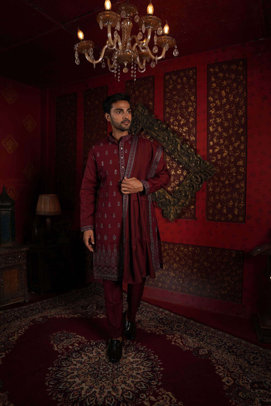 The Maroon Royal Canopy Embroidery Kurta With Dupatta and Pyjama