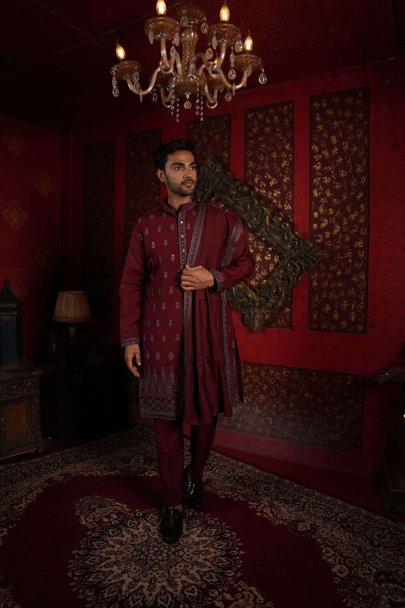 The Maroon Royal Canopy Embroidery Kurta With Dupatta and Pyjama