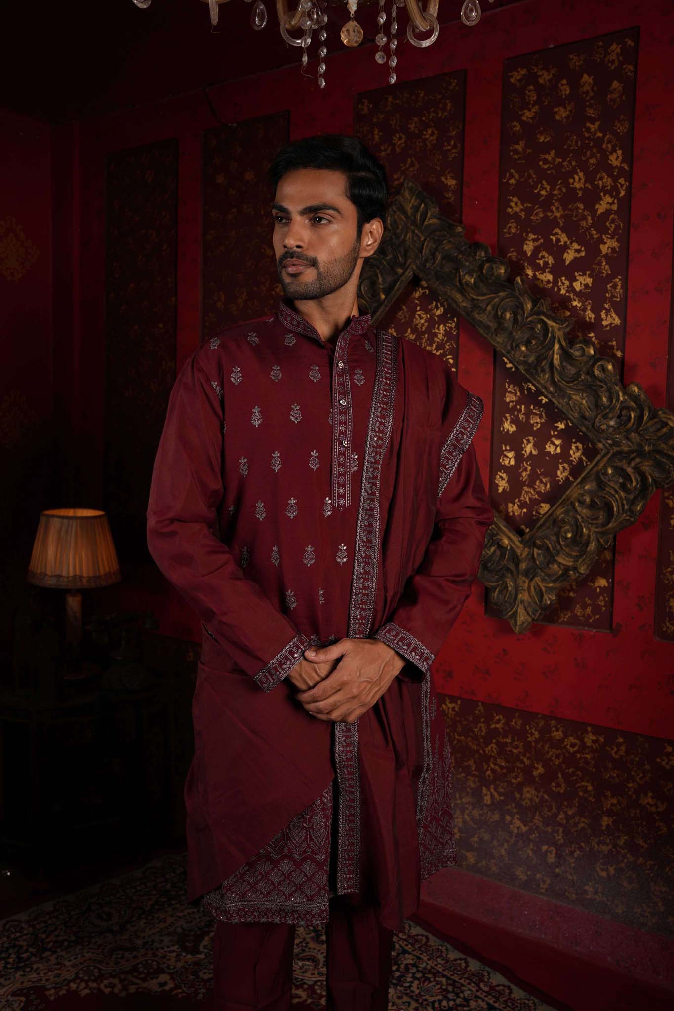 The Maroon Royal Canopy Embroidery Kurta With Dupatta and Pyjama