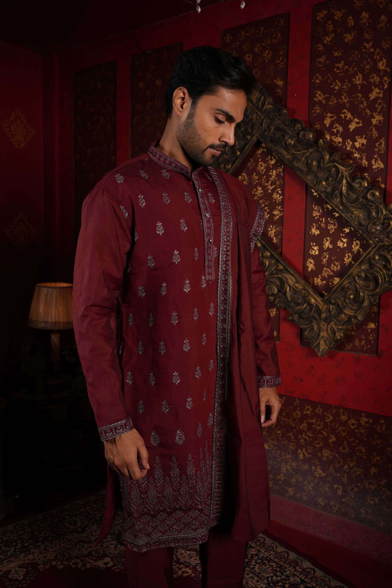 The Maroon Royal Canopy Embroidery Kurta With Dupatta and Pyjama