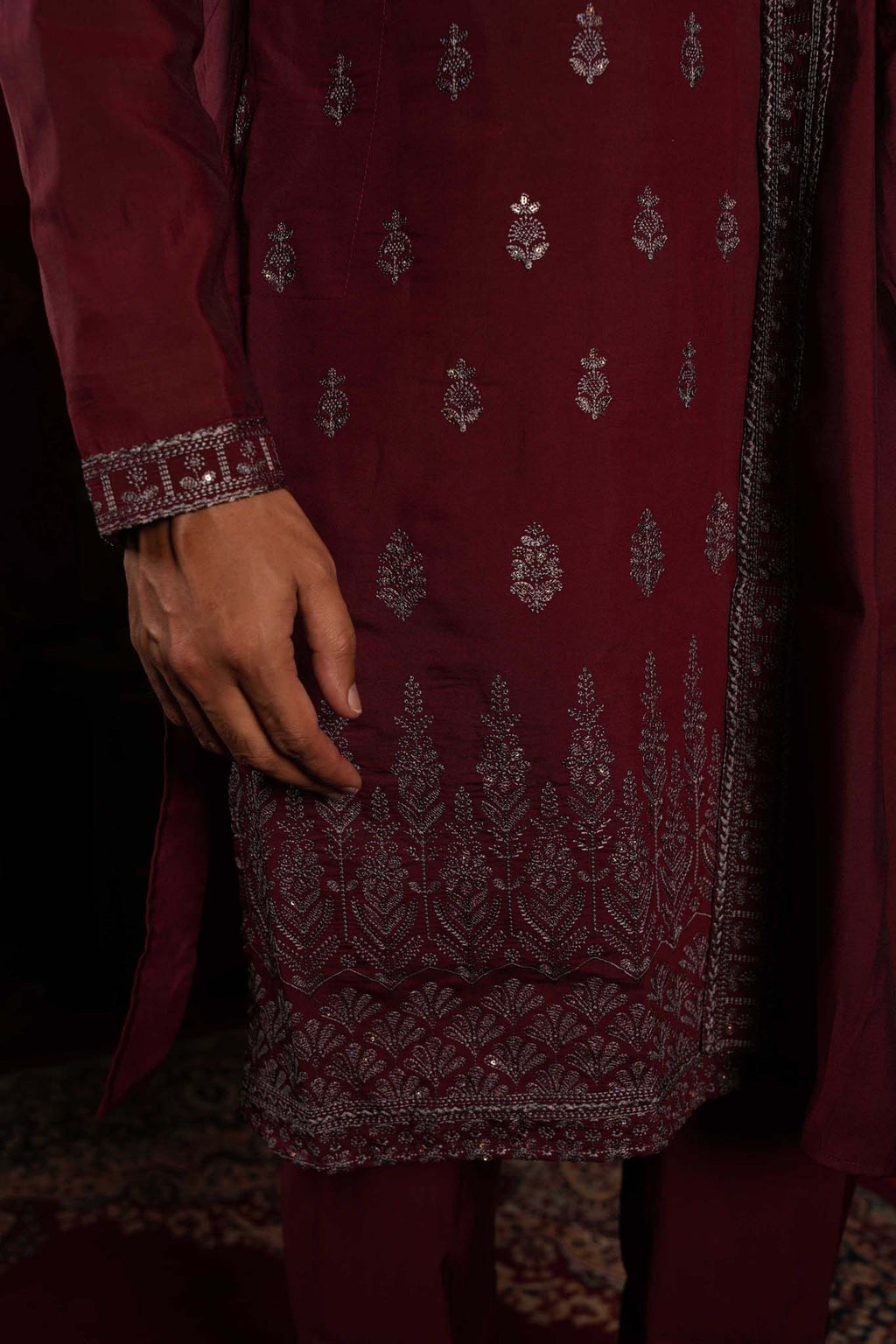 The Maroon Royal Canopy Embroidery Kurta With Dupatta and Pyjama