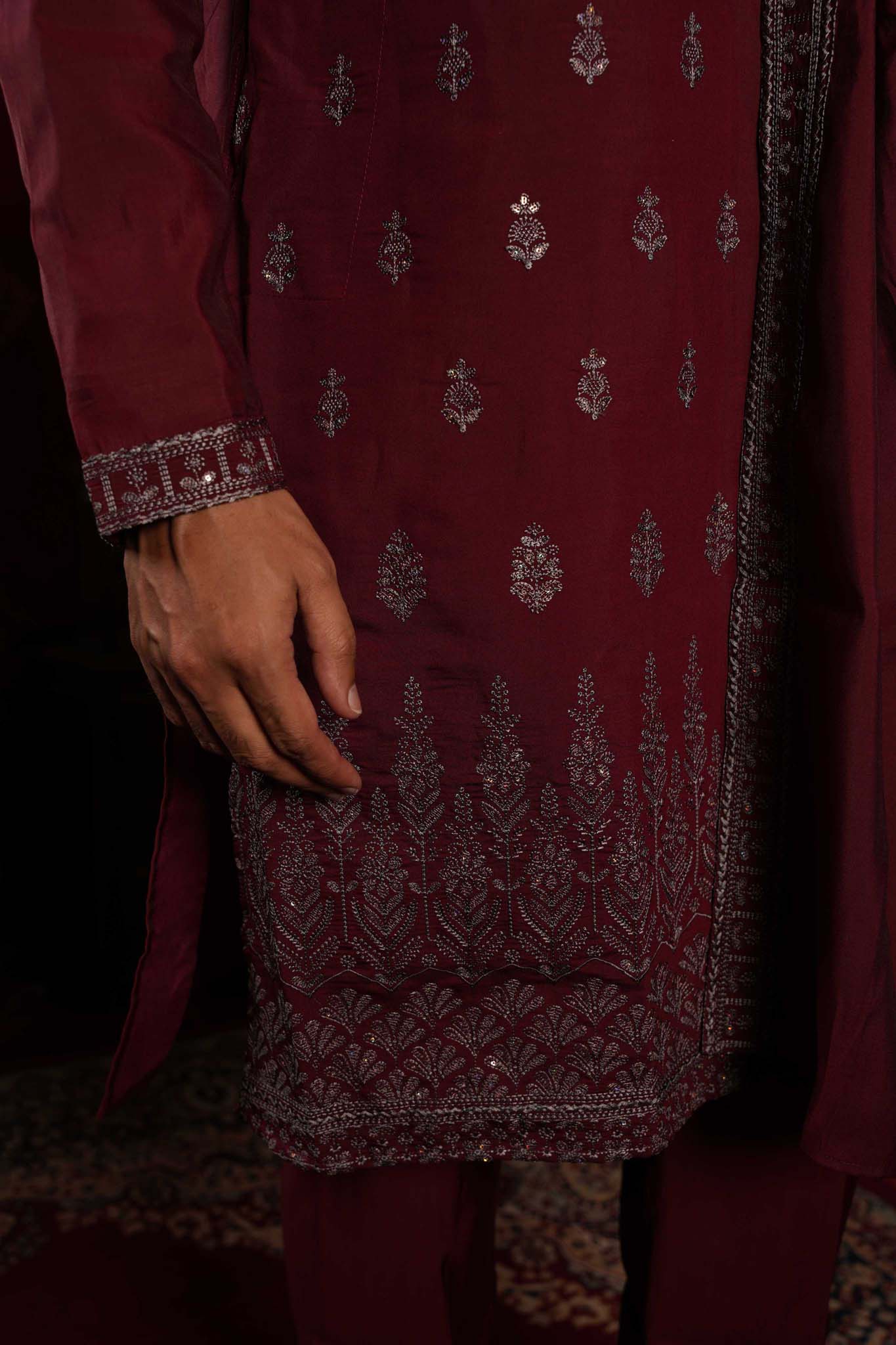 The Maroon Royal Canopy Embroidery Kurta With Dupatta and Pyjama