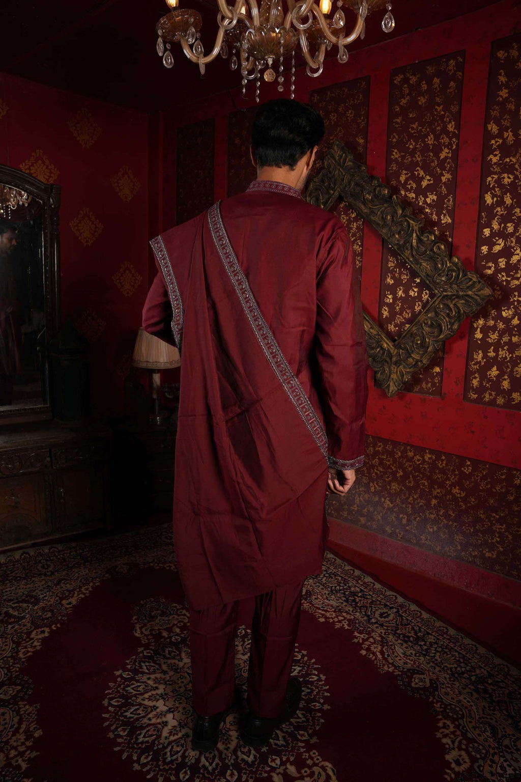 The Maroon Royal Canopy Embroidery Kurta With Dupatta and Pyjama