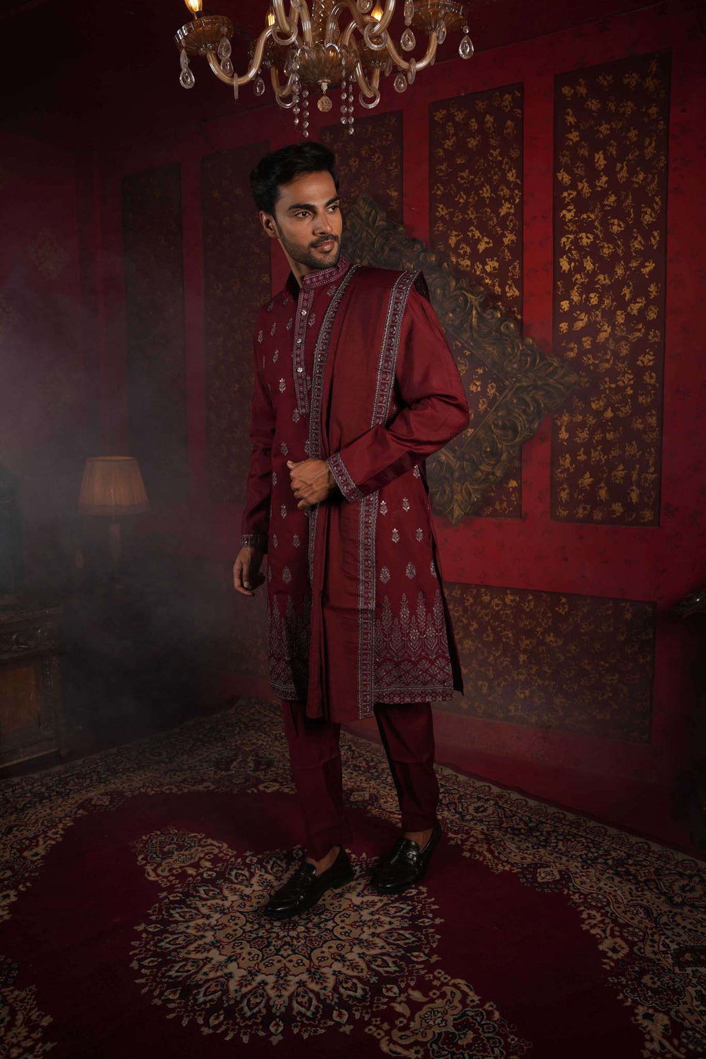 The Maroon Royal Canopy Embroidery Kurta With Dupatta and Pyjama