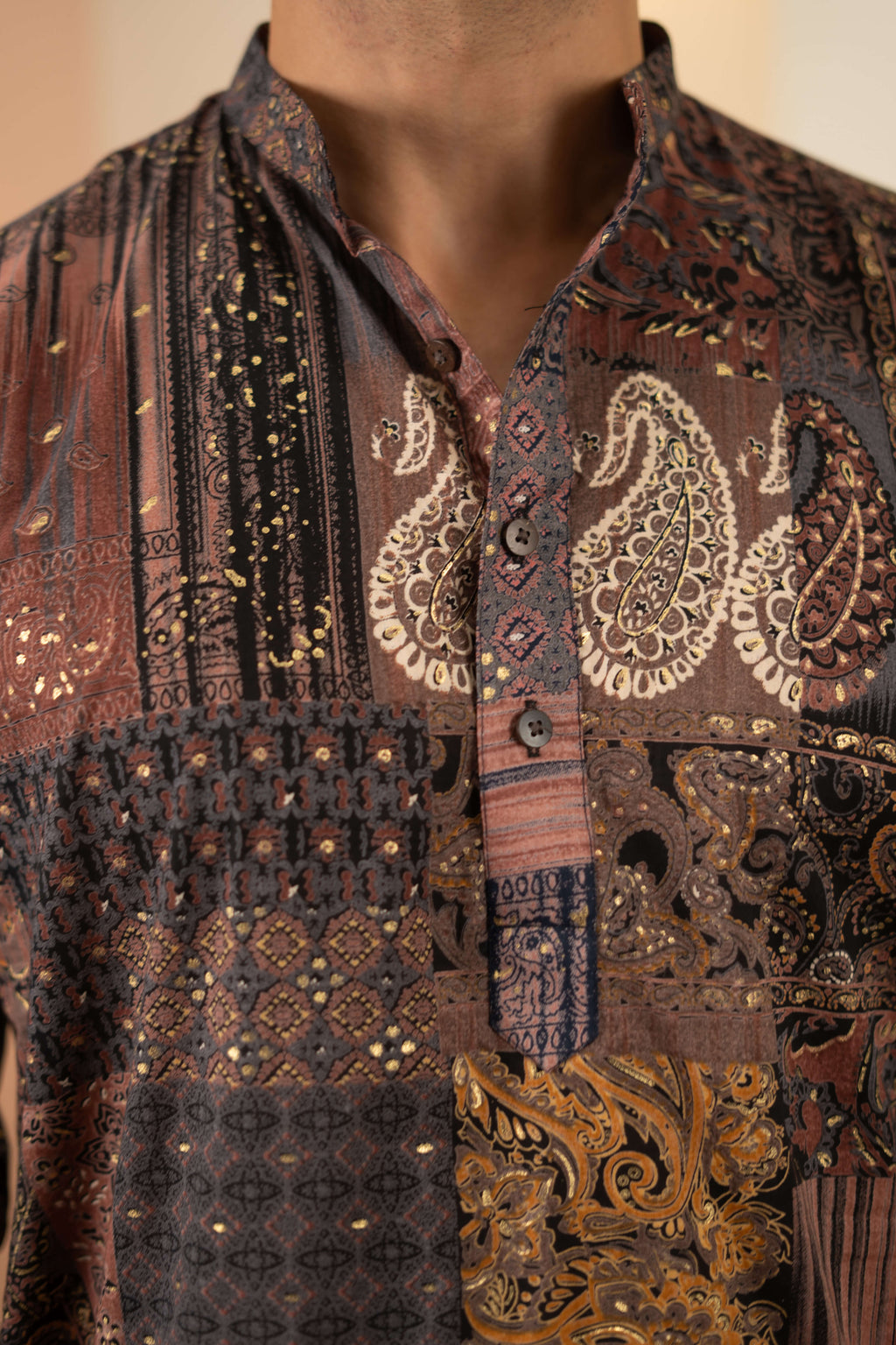 The Black Long Kurta With Floral Patchwork Foil Print