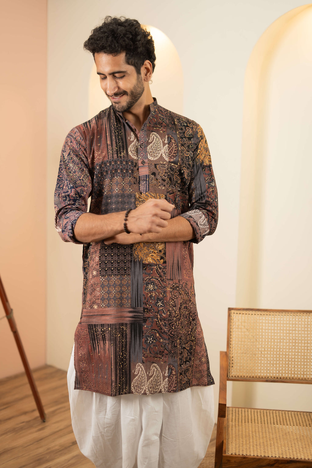 The Black Long Kurta With Floral Patchwork Foil Print