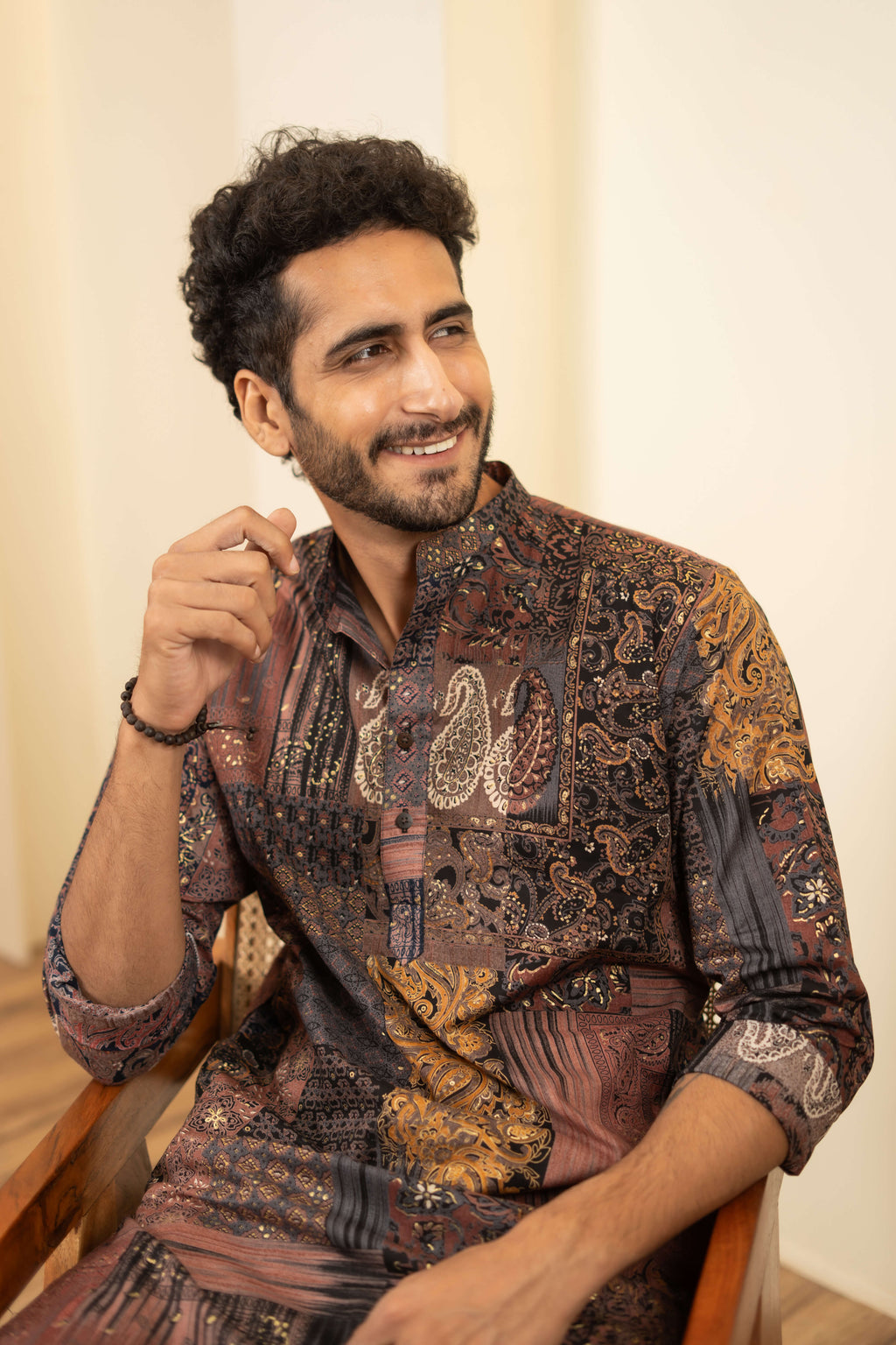 The Black Long Kurta With Floral Patchwork Foil Print