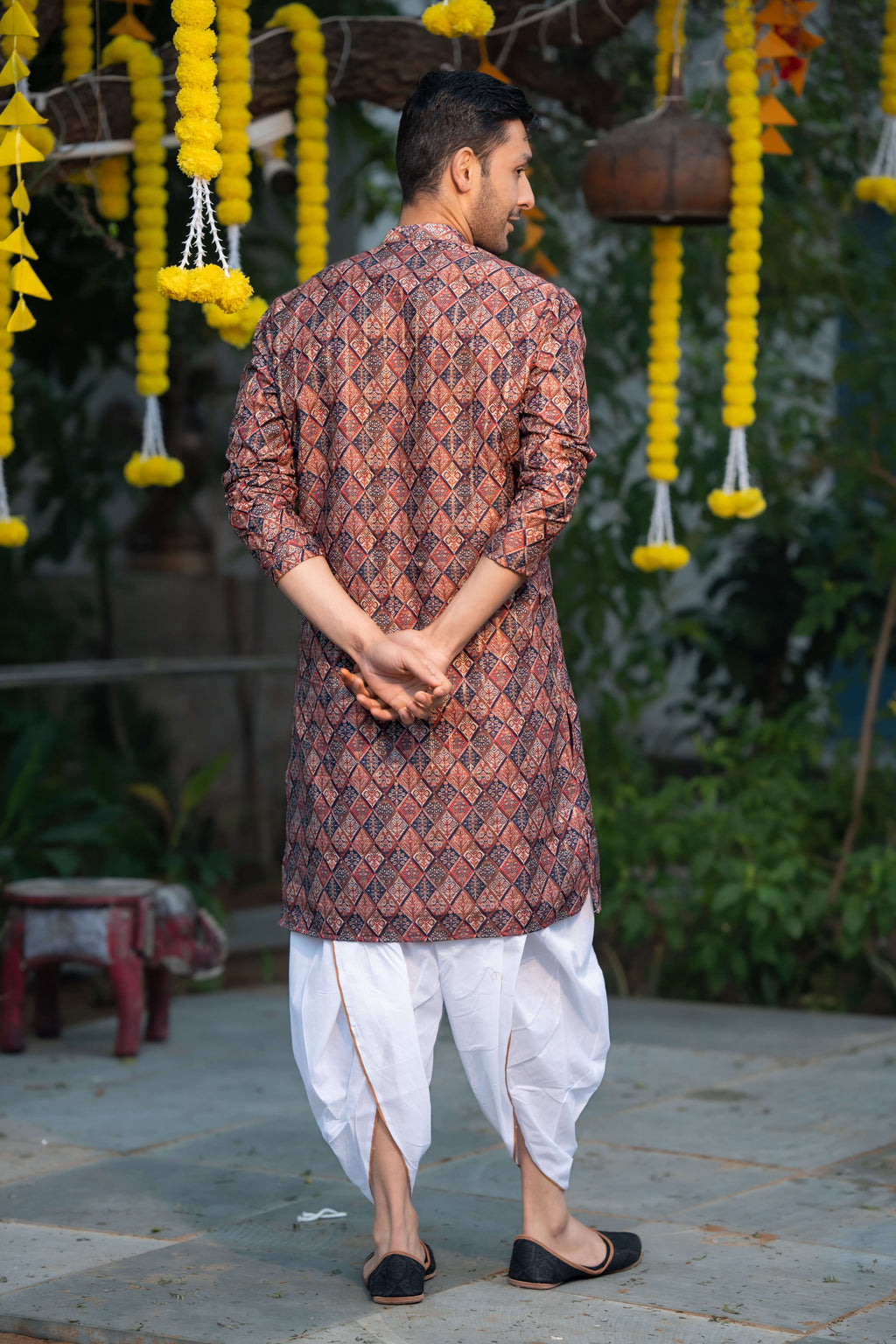 The Muliticolor Long Kurta with Golden Zari Stripe and Tribal Geometric Print