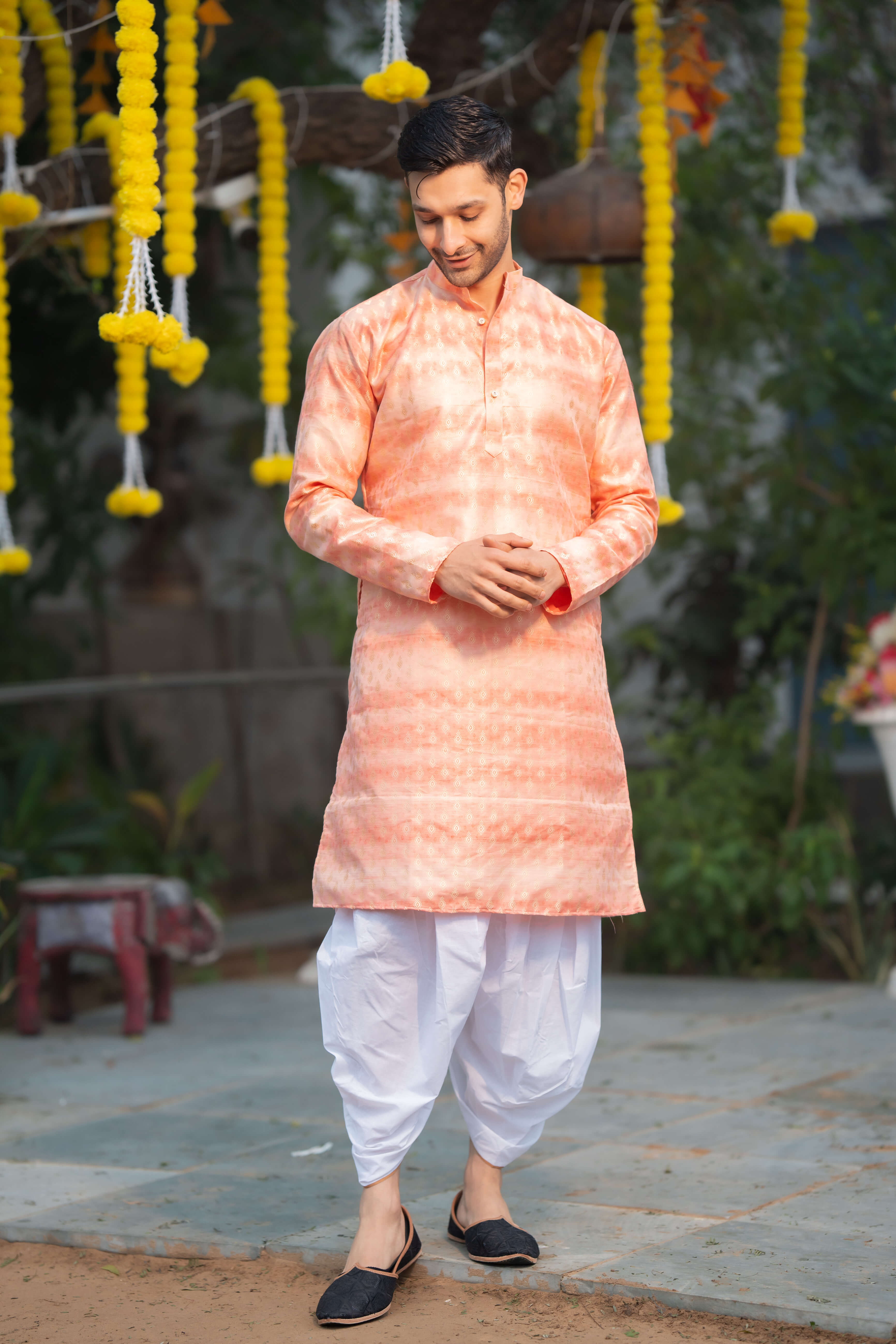 The Coral Blush Pink Long Kurta with Self Butti Work