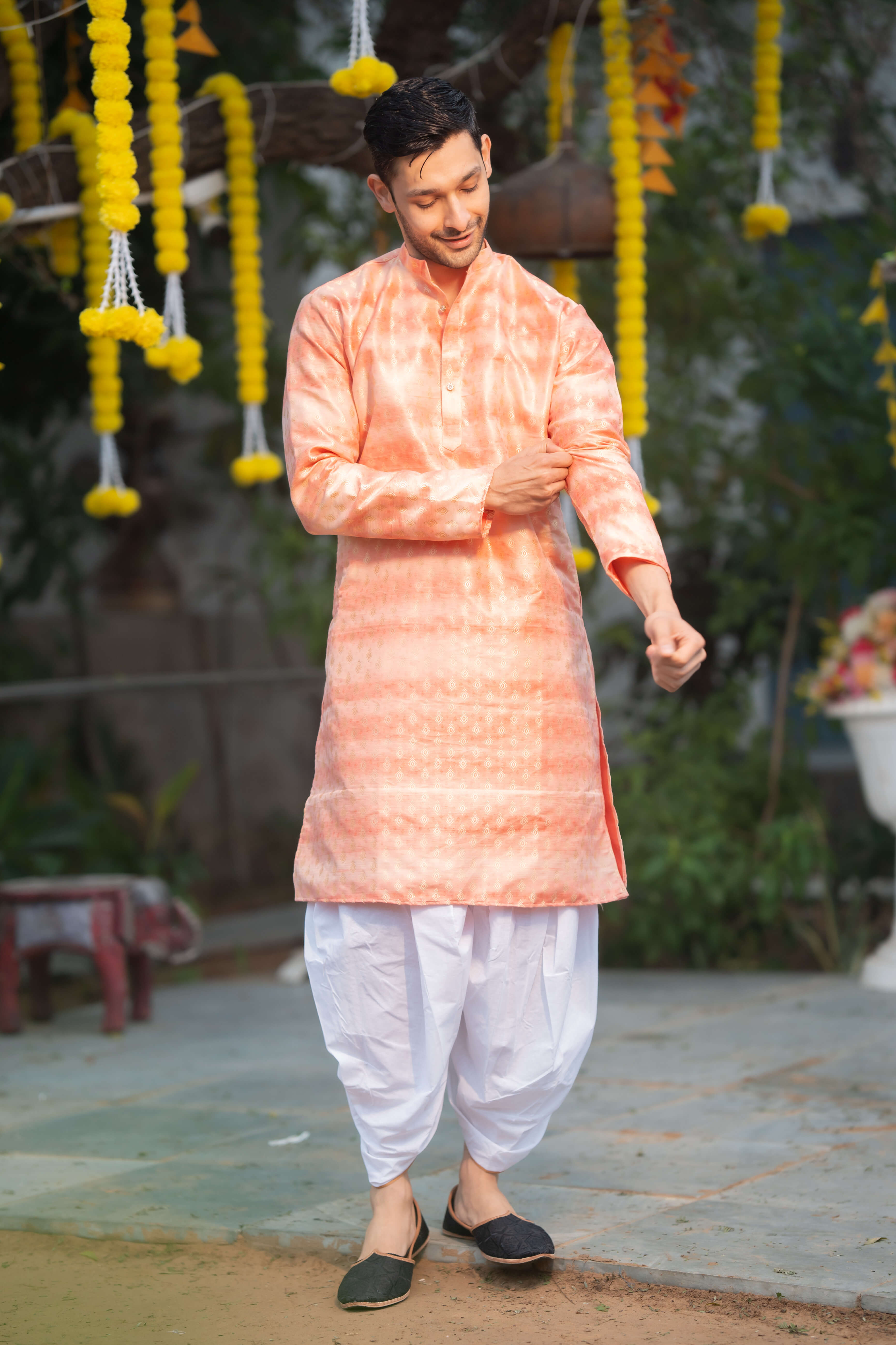 The Coral Blush Pink Long Kurta with Self Butti Work