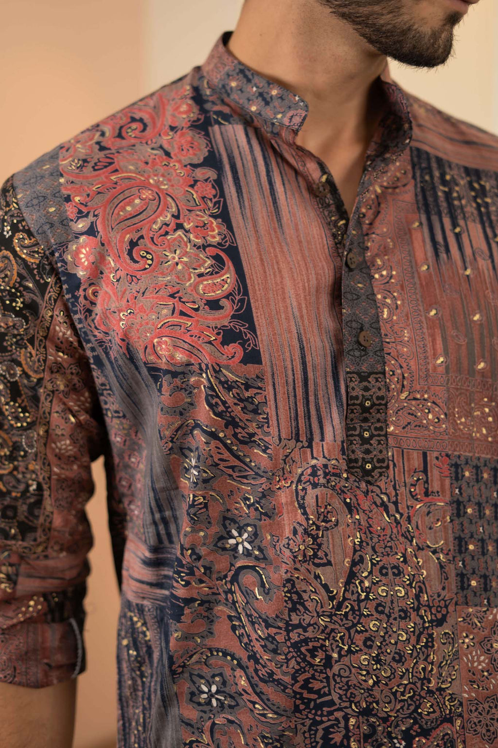 The Navy Blue Long Kurta With Floral Patchwork Foil Print