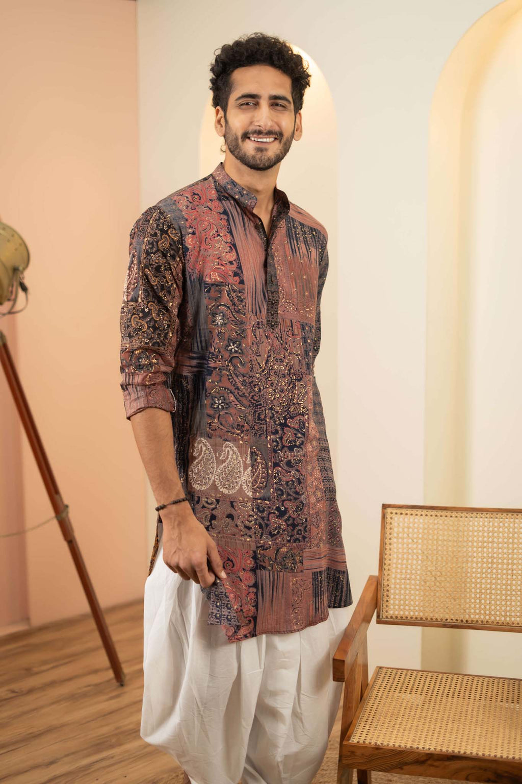 The Navy Blue Long Kurta With Floral Patchwork Foil Print