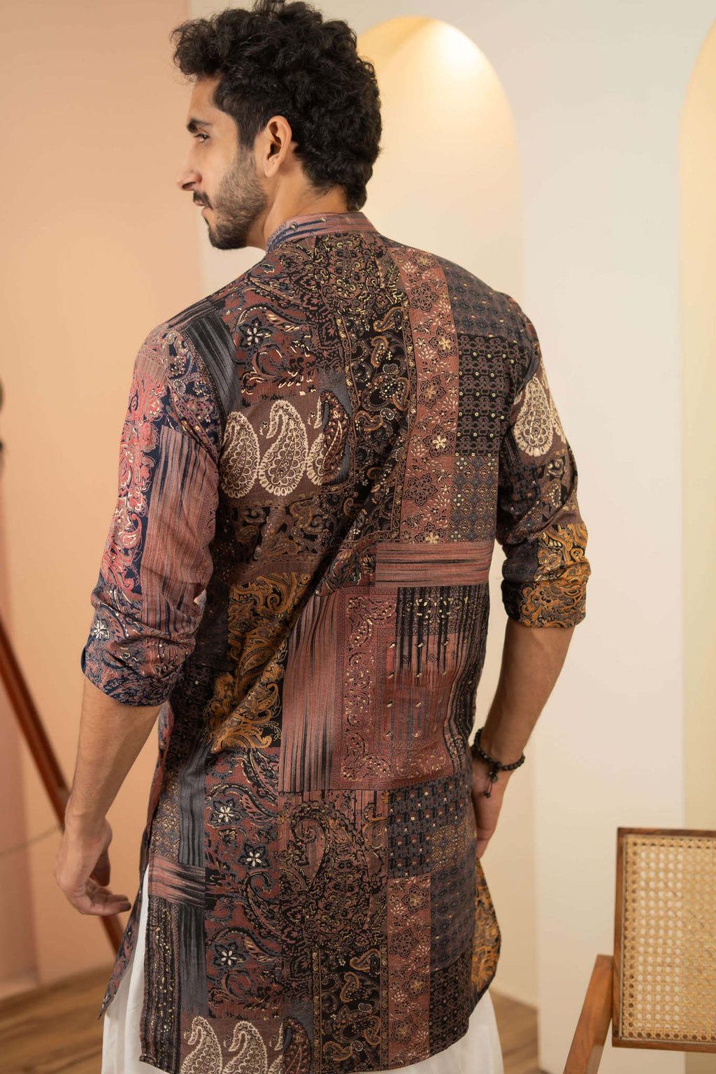 The Navy Blue Long Kurta With Floral Patchwork Foil Print