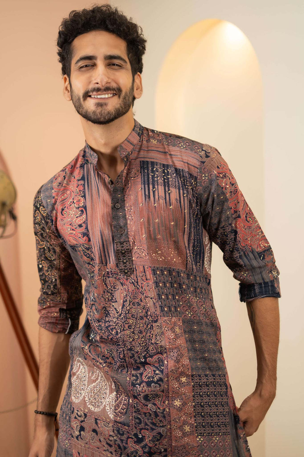The Navy Blue Long Kurta With Floral Patchwork Foil Print