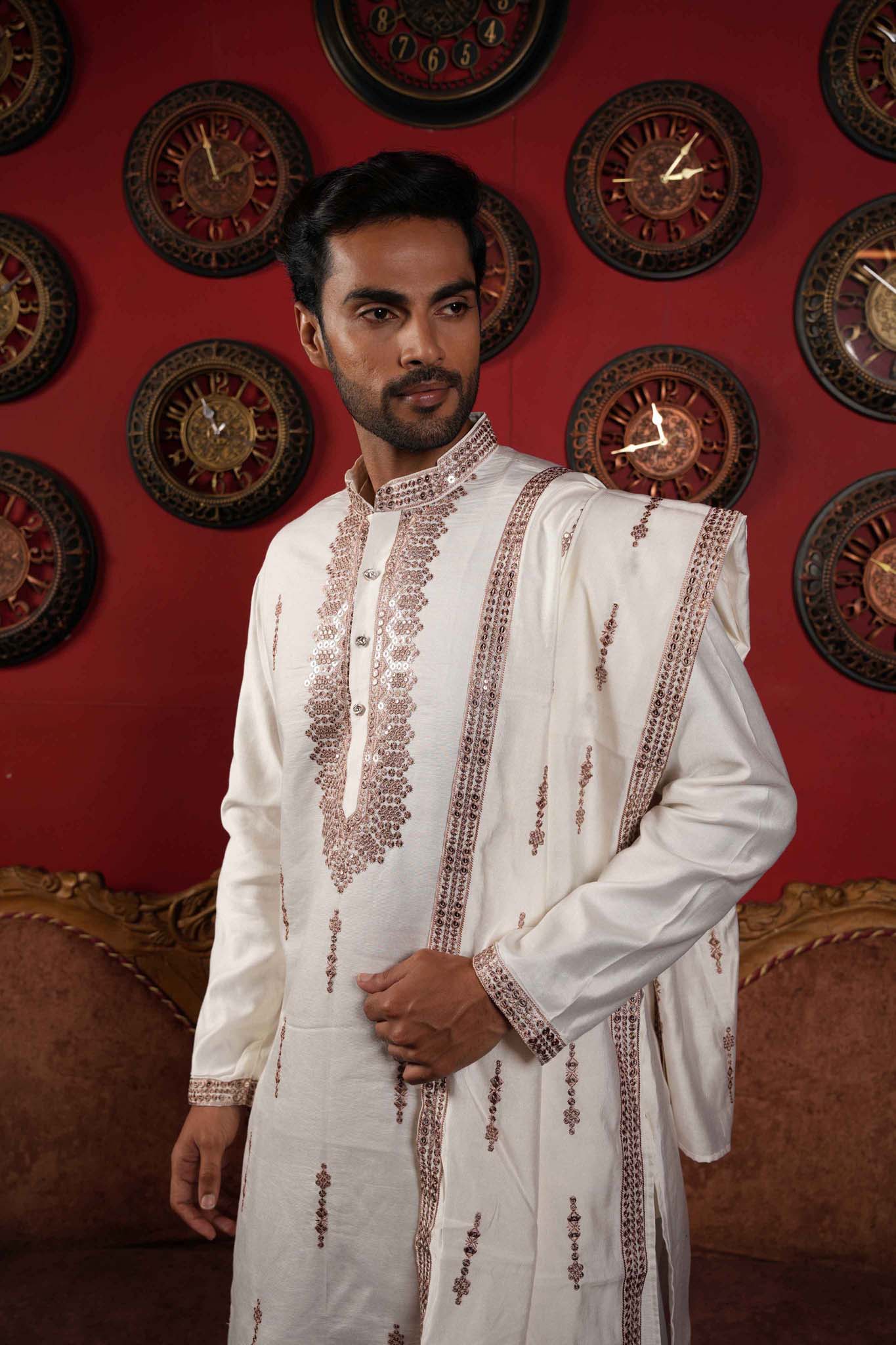 The Off White Mirror Work Long Kurta With Dupatta