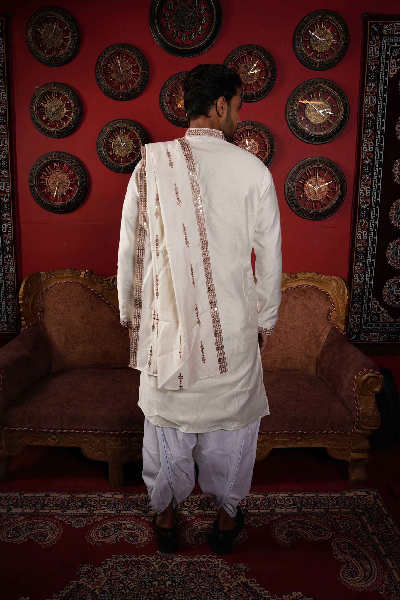 The Off White Mirror Work Long Kurta With Dupatta