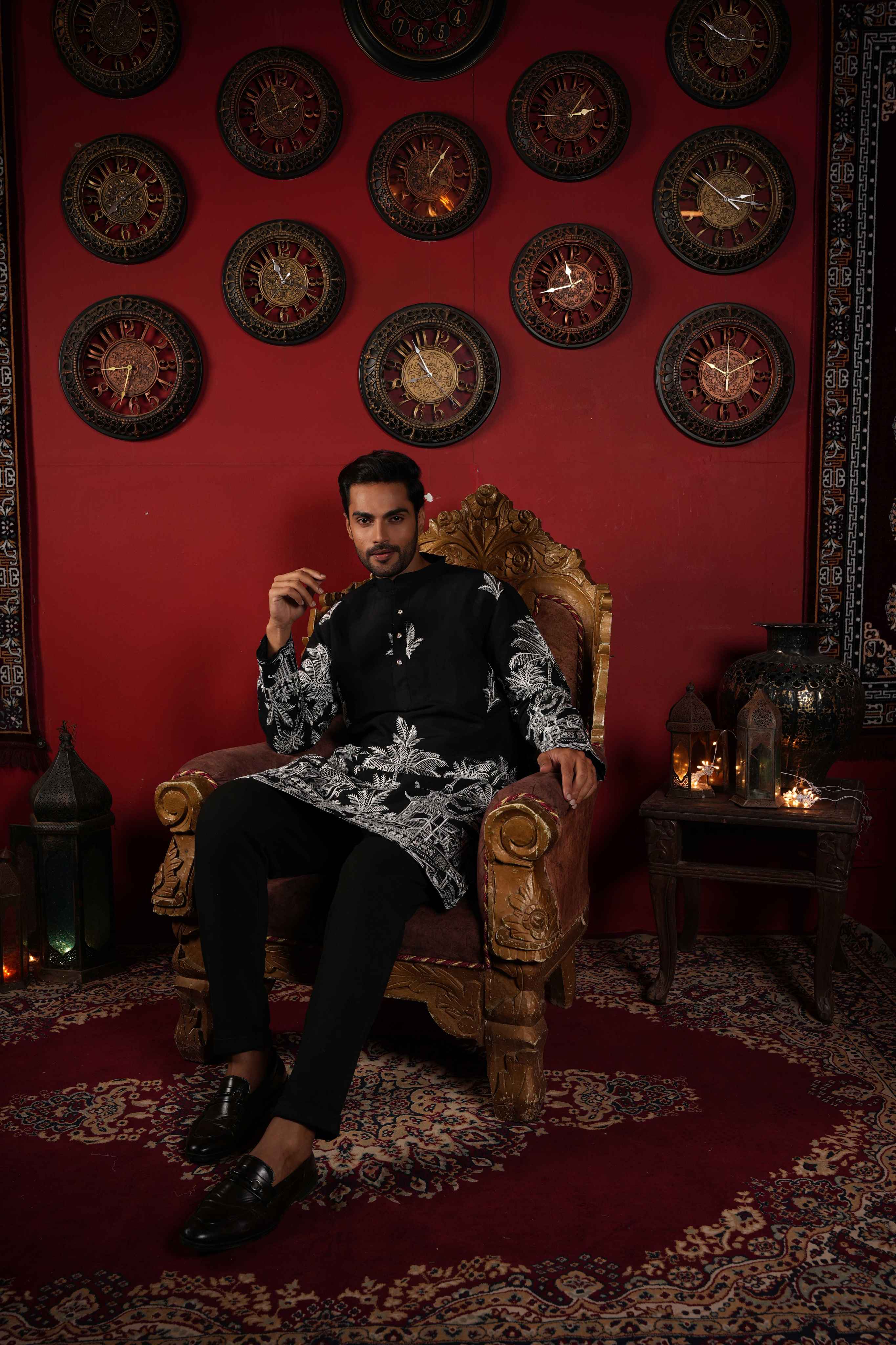 The Black Palm Paradise Embroidery Long Kurta