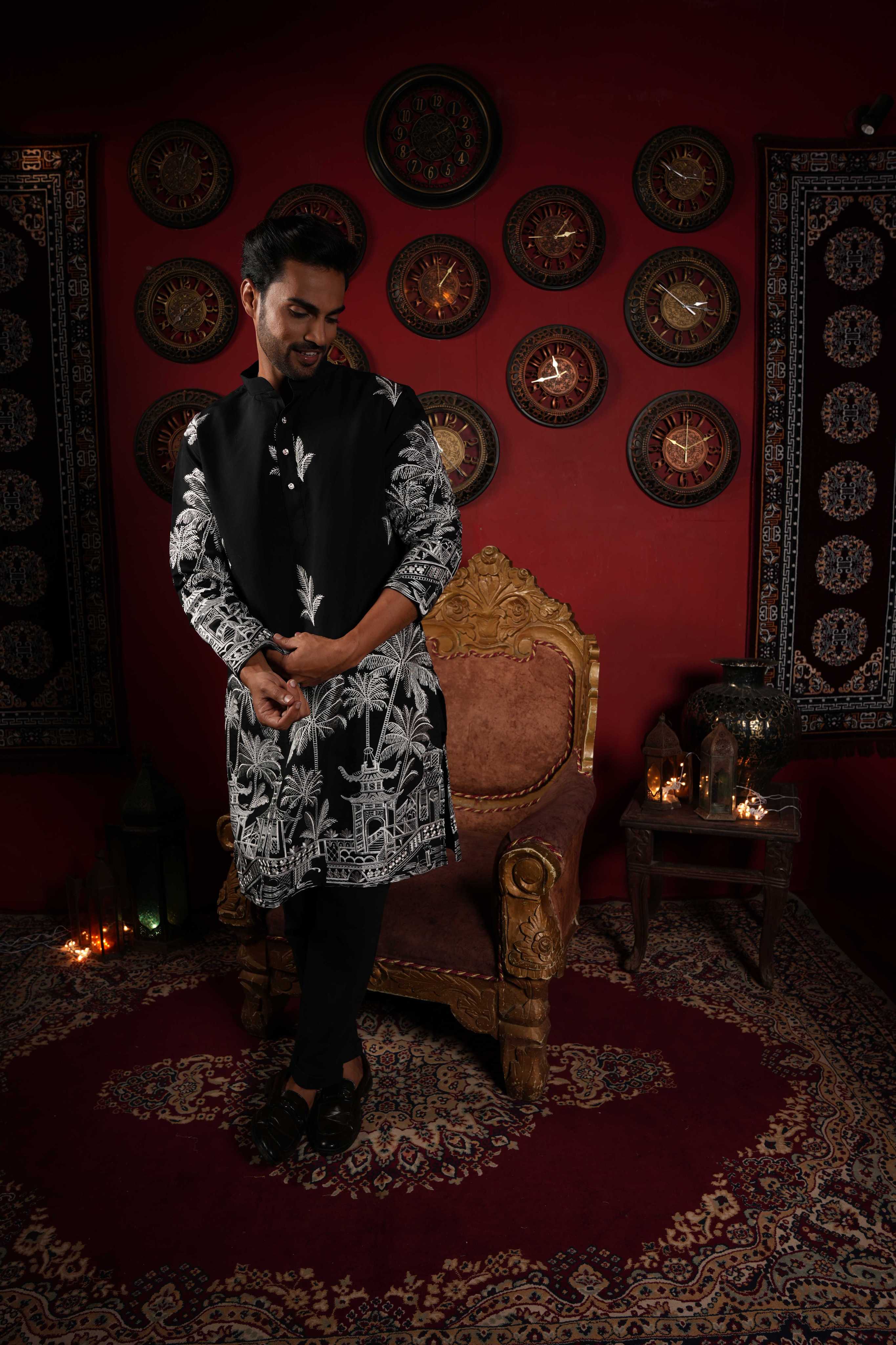 The Black Palm Paradise Embroidery Long Kurta